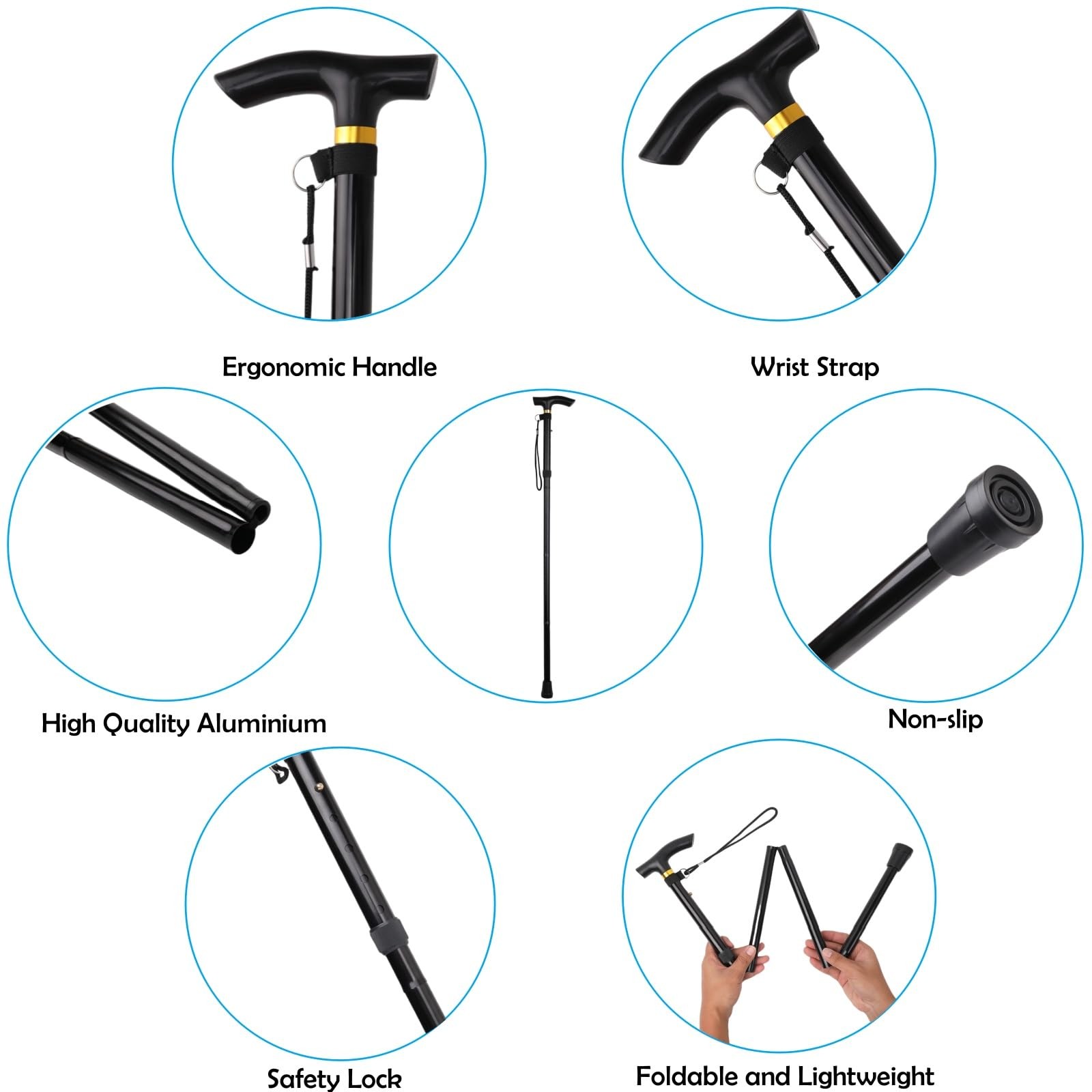 Comfkey Folding Lightweight Walking Stick - Adjustable Aluminum Metal Black