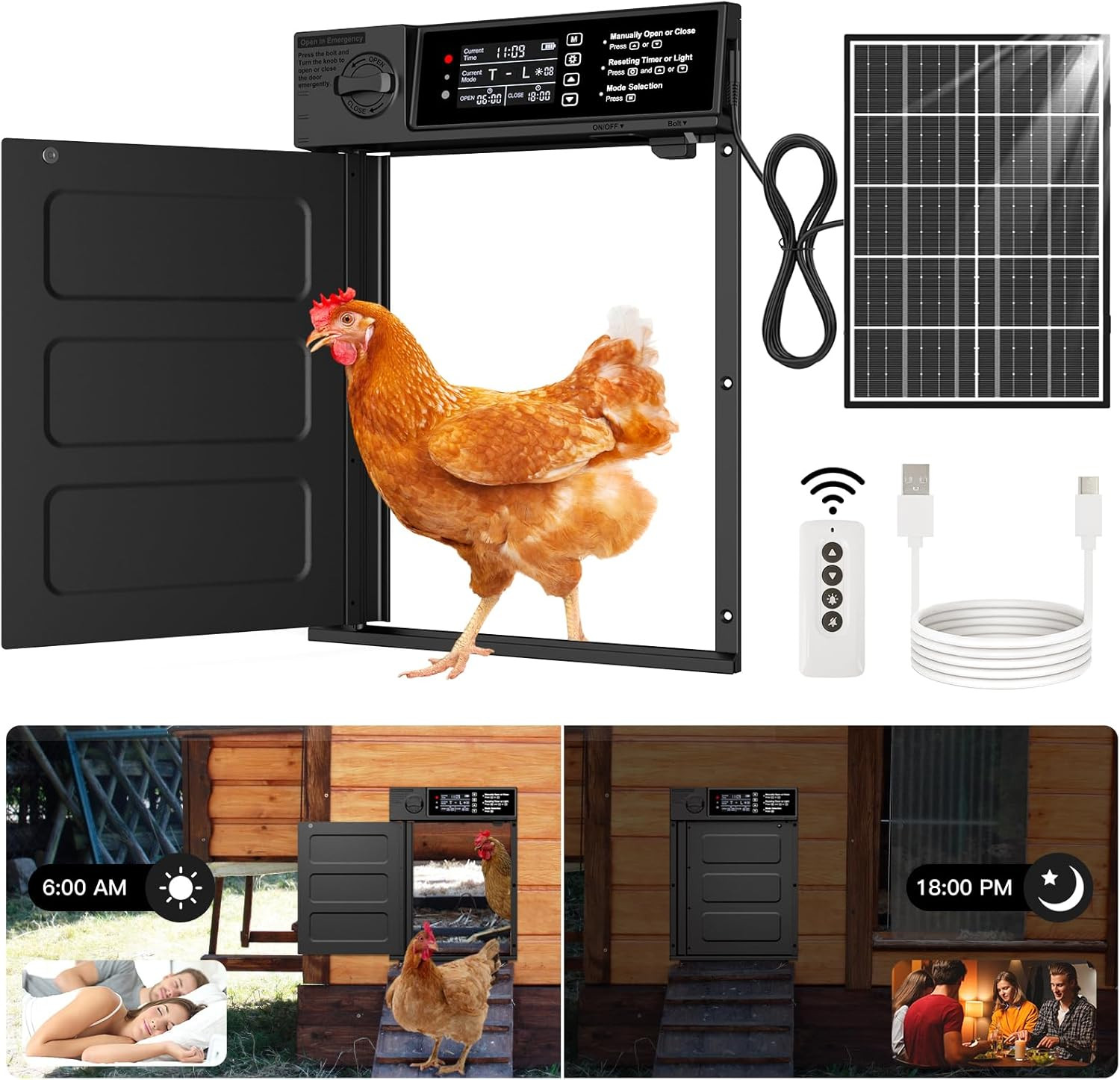Automatic Chicken Coop Door, Large Size Solar Powered Coop Door with Opening in