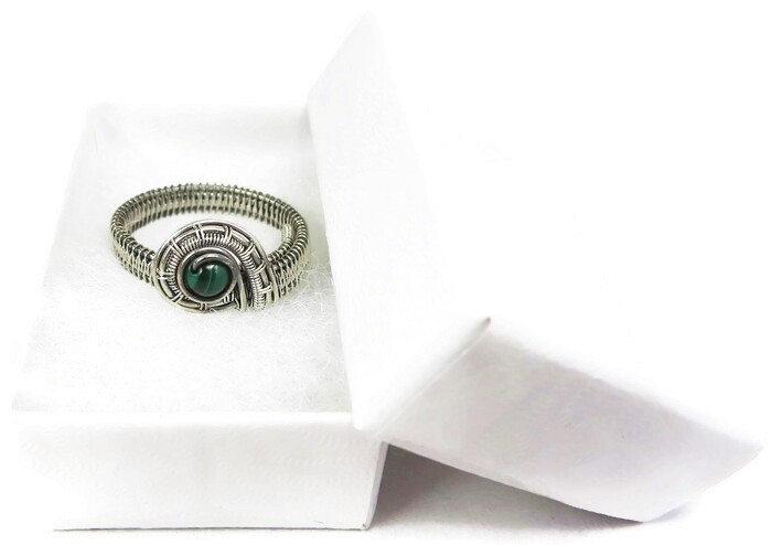 Malachite Adjustable Ring, Woven in Sterling Silver Wire