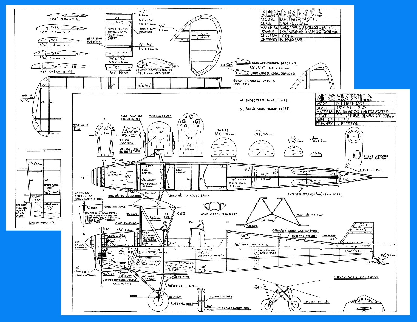 Aerographics Model Airplane Plans (FF): D.H. Tiger Moth 20" 1/24 Scale Rubber