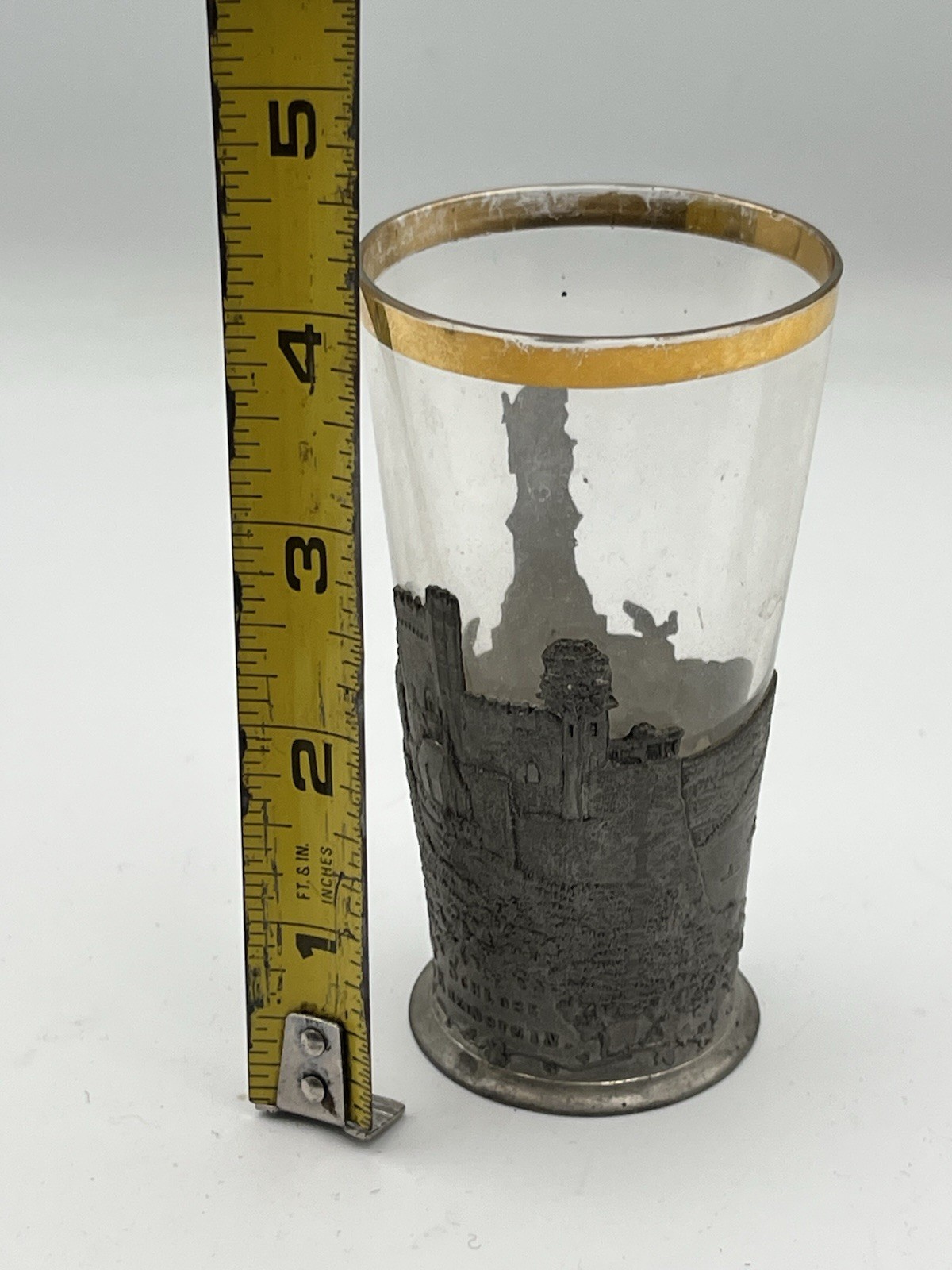 Original Ww2 Era Souvenir Glass  Cup Of Germany Pewter Gold Rim 1940s