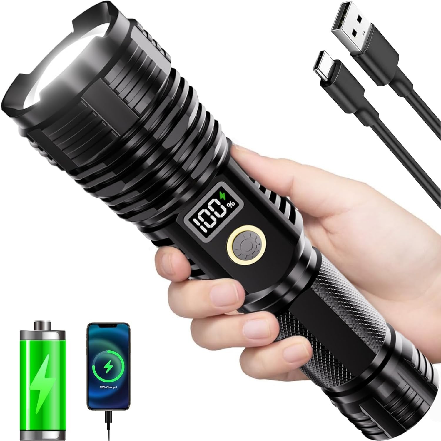 High Lumens Rechargeable LED Flashlight Waterproof Tactical Light for Camping