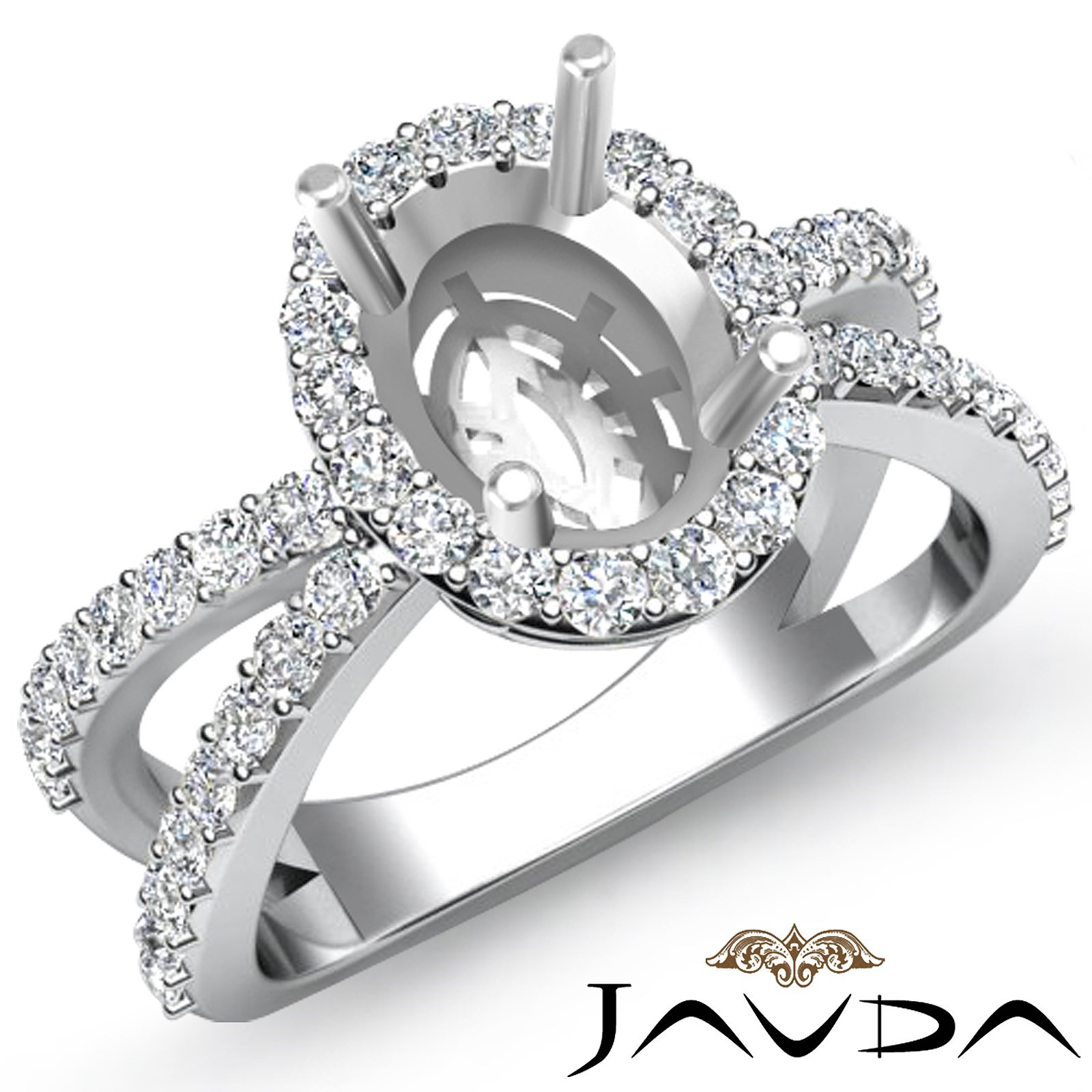 Halo Oval Semi Mount Split Shank Diamond Engagement Ring 18k White Gold 0.75Ctw.