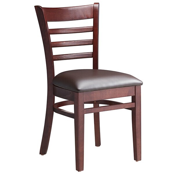 Mahogany Wood Finish Ladder Back Restaurant Chair with Dark Brown Vinyl Seat
