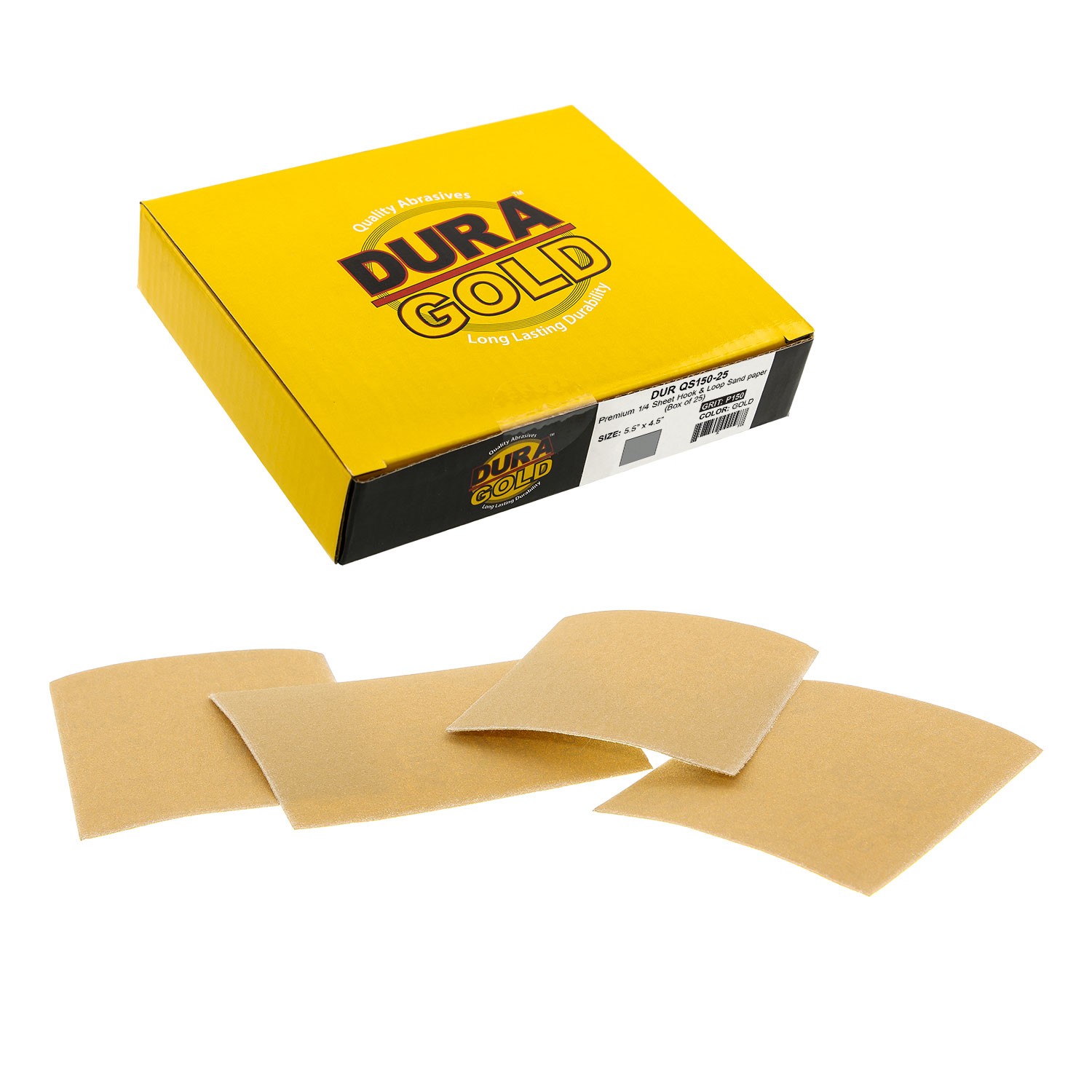 150 Grit Gold - 1/4 Sheet Hook & Loop Sandpaper Sheets 5.5" x 4.5" - Box of 25