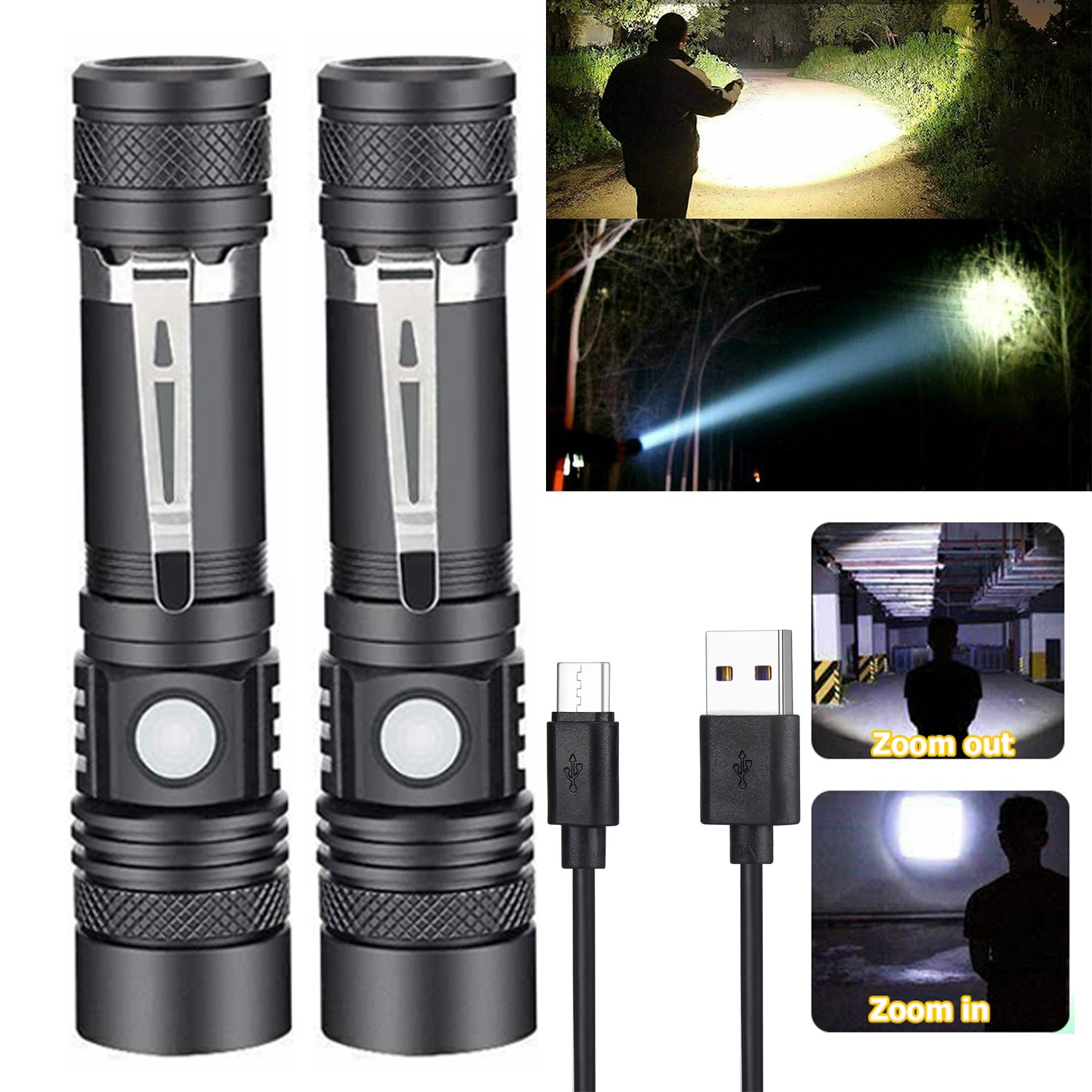 2 Pack Tactical Flashlights High Lumens with 4 Modes Pocket Waterproof Zoomable