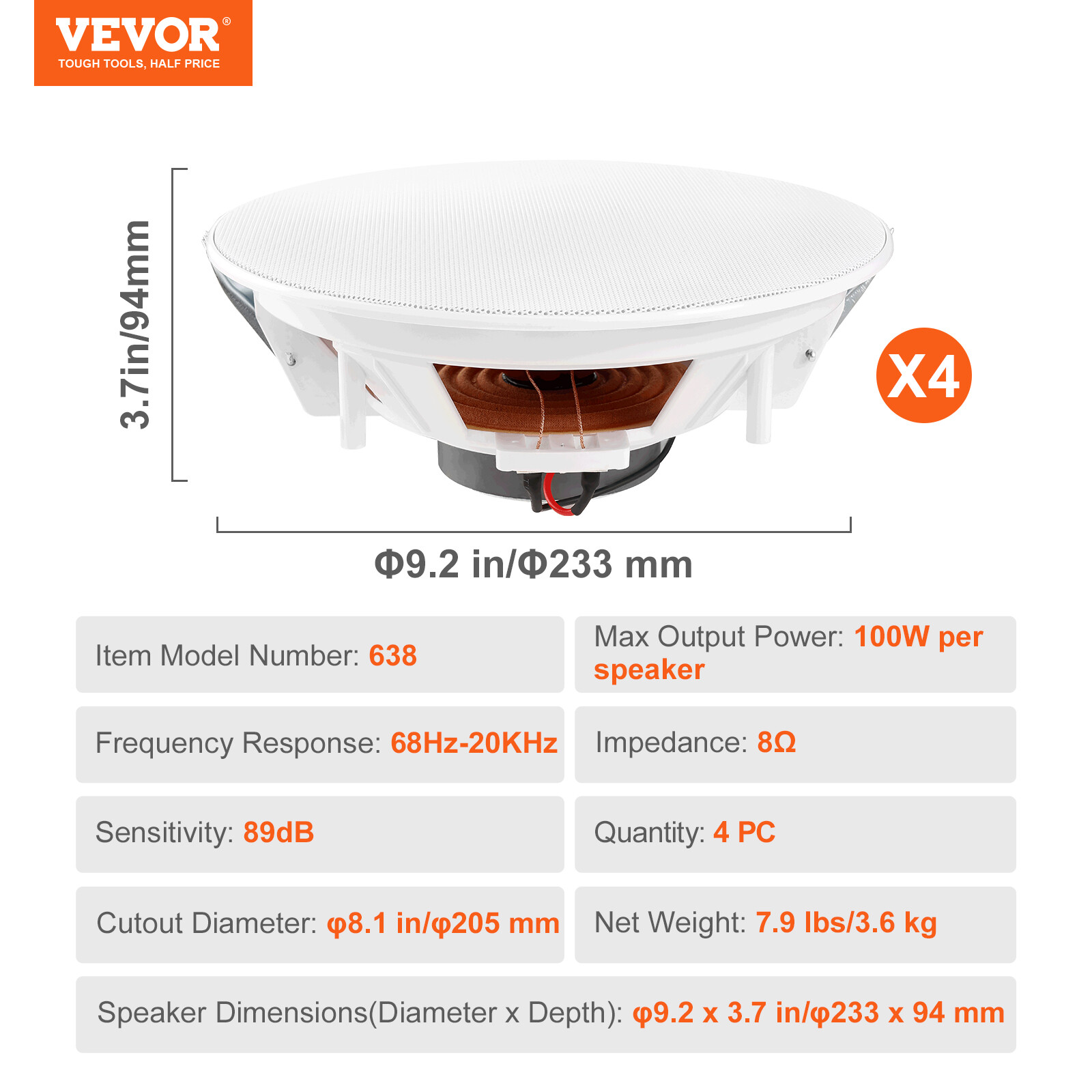 VEVOR 4PCs 8 in Ceiling Speakers 100W Flush Mount Ceiling & in-Wall Speakers