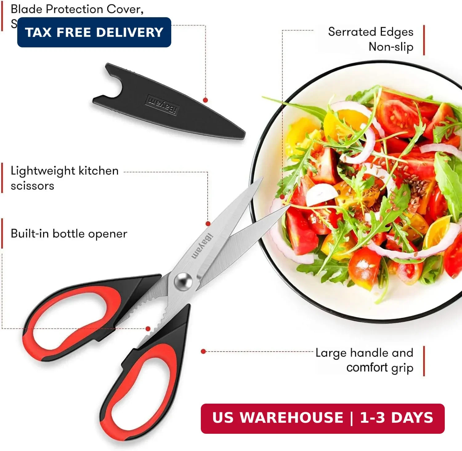 iBayam 3-Pack 8.7" Kitchen Scissors All Purpose Heavy Duty Shears w/Sheath | Sof