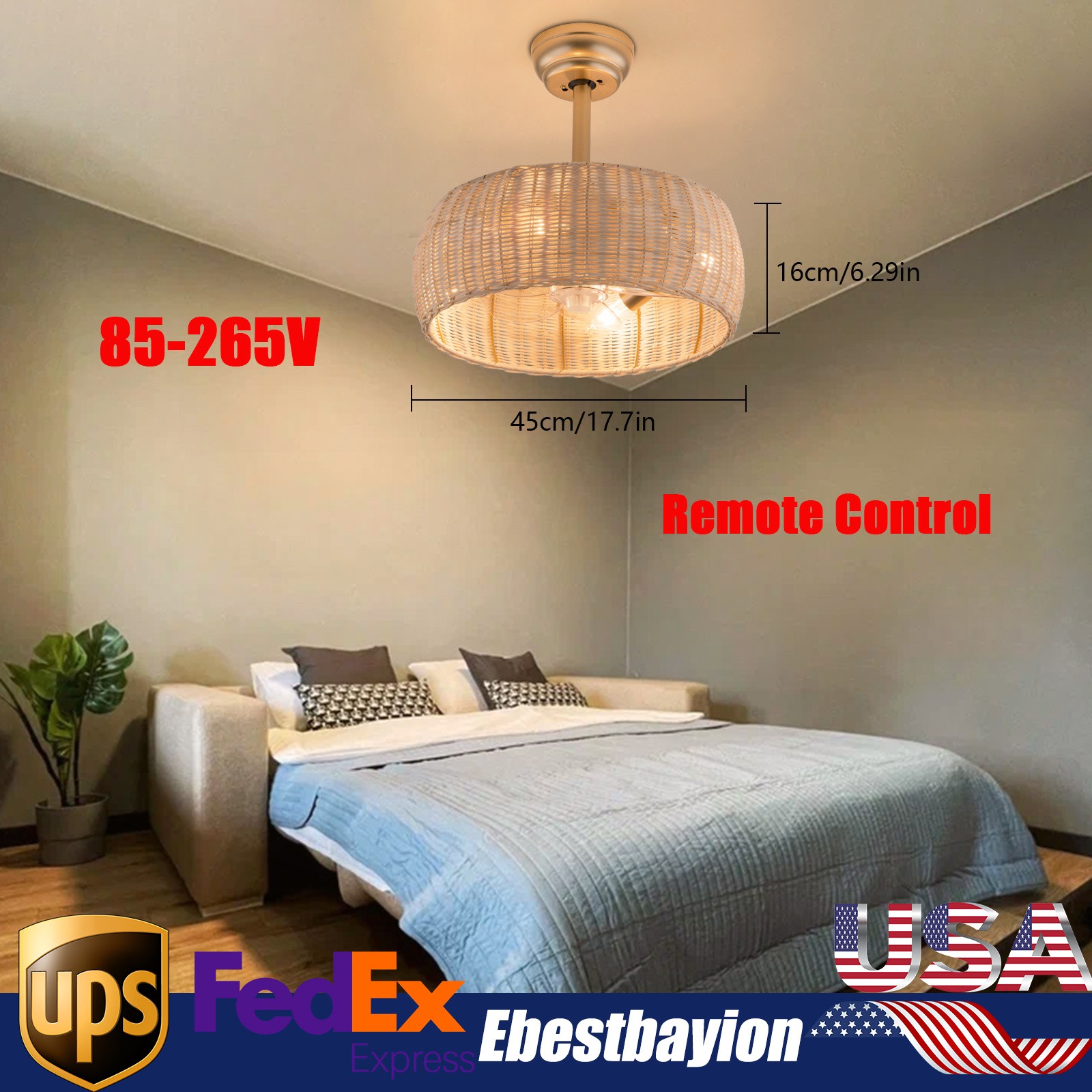 18.5" Rattan Caged Ceiling Fan Light Bamboo Fan Chandeliar for Bedroom w/ Remote