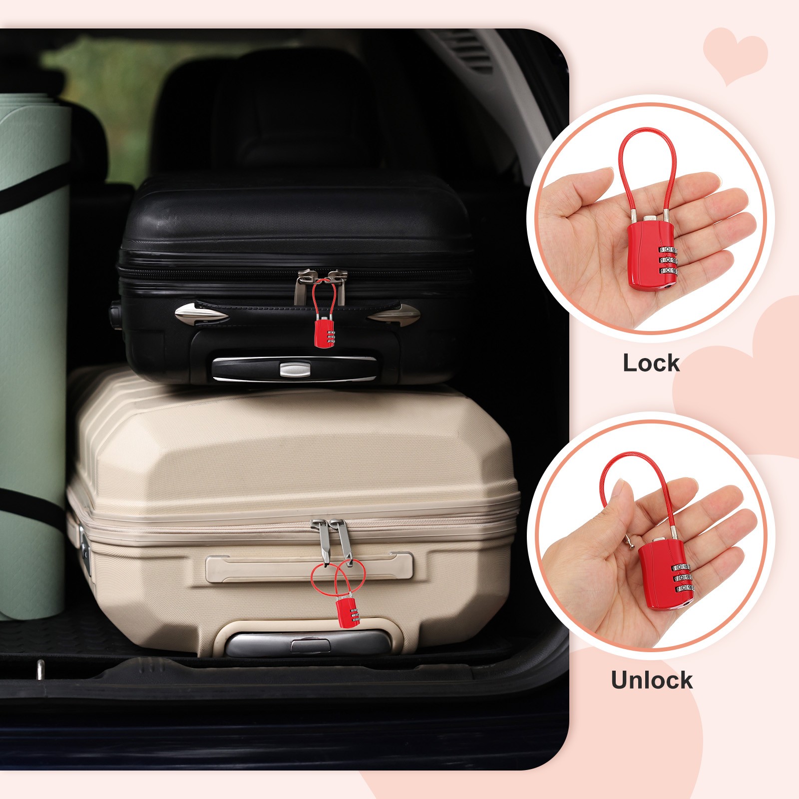 2 Pcs 3 Digit Luggage Cable Combination Lock with 12" Long Cable, Black