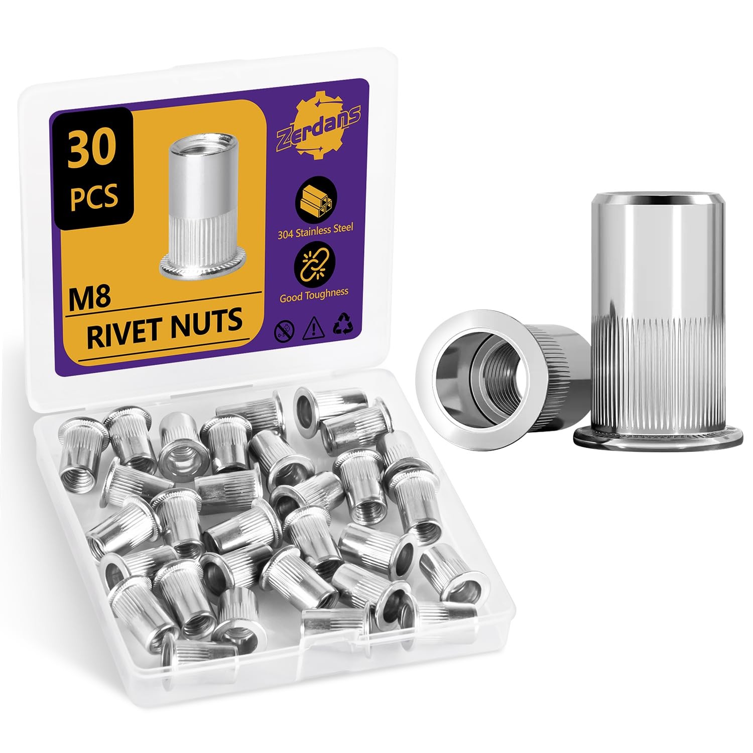 M8 Rivet Nut, 30PCS Metric 304 Stainless Steel Rivets Flat Head Rivnut Thread...