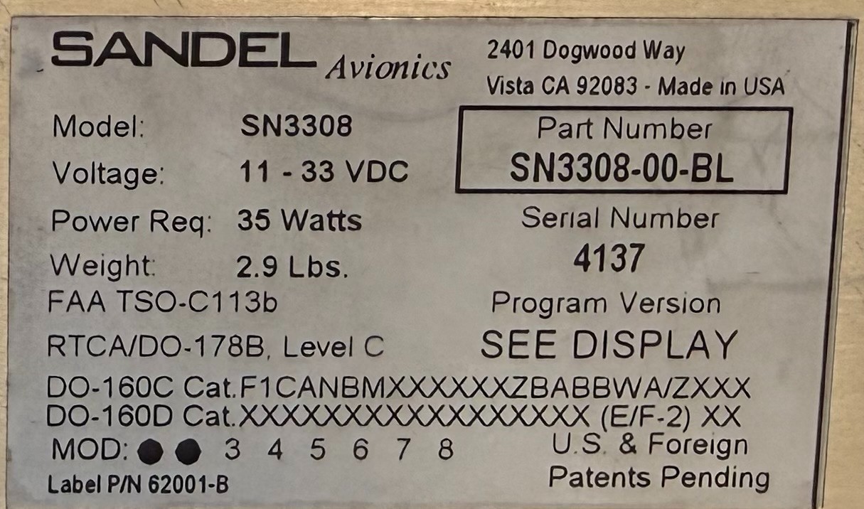 Electronic EHSI Display SN3308-00-BL w/ May 2026 Tested 8130