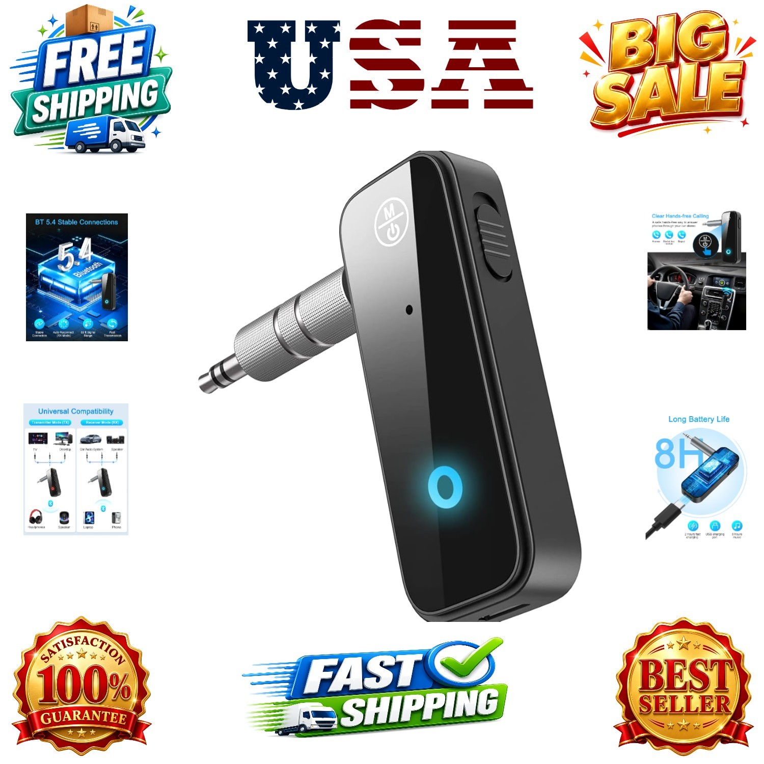 Upgraded Aux Bluetooth 5.4 Adapter for Car, 2 in 1 Bluetooth Receiver Transmi...