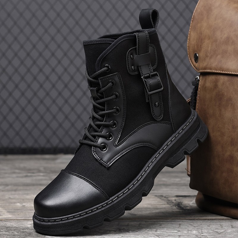 Men's lace up ankle boots, thick non slip sole, laminated fabric upper shoes
