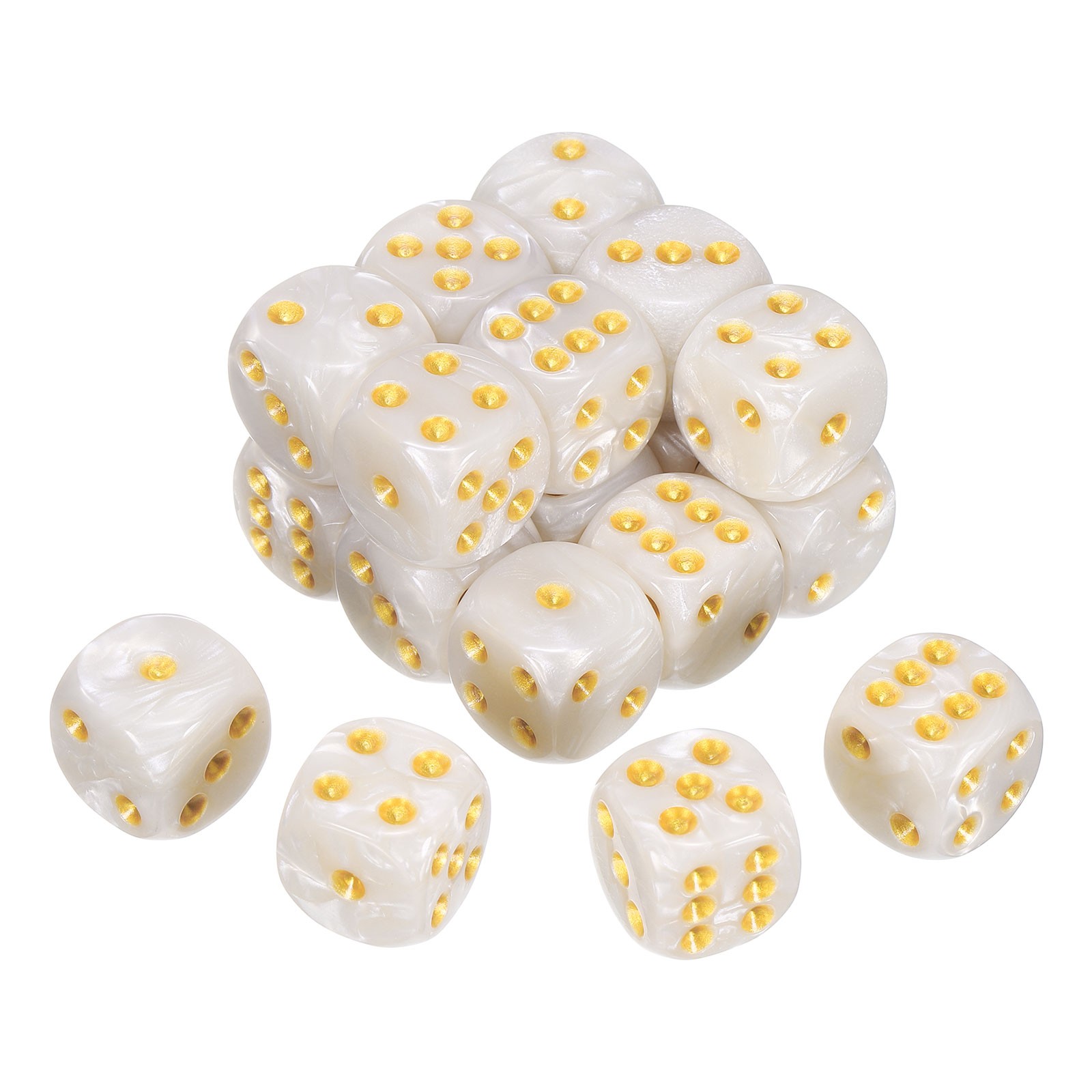 24Pcs 6 Sided Colored Standard Dice, Acrylic D6 Pearl Pattern Dice, White/Gold