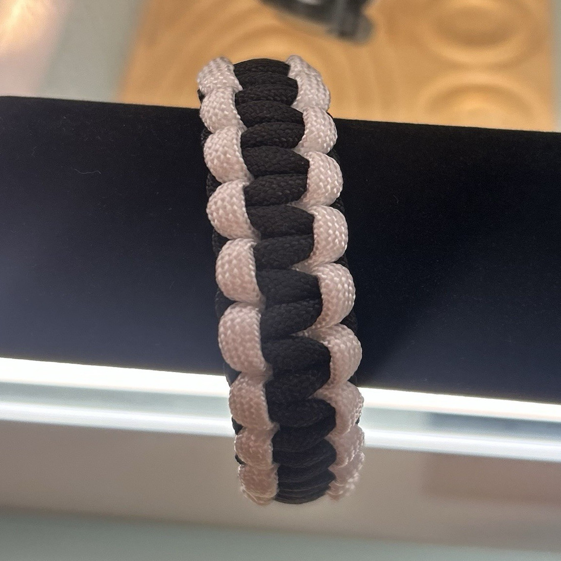 Braided Nylon Adjustable Black White Bracelet with Buckle Closure, 8in