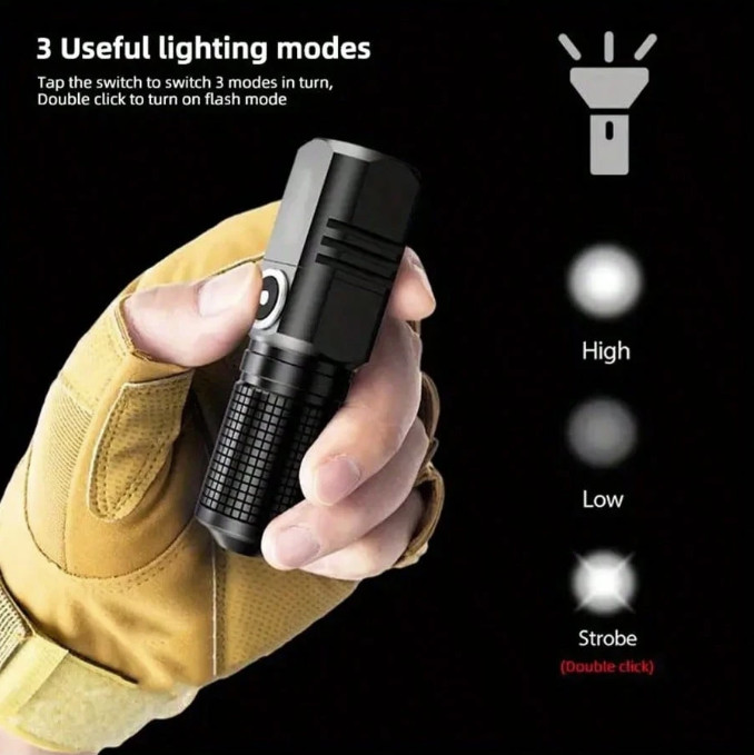 1pc Mini LED Flashlight: XHP70 Rechargeable Torch w/ Built-in Battery - NEW