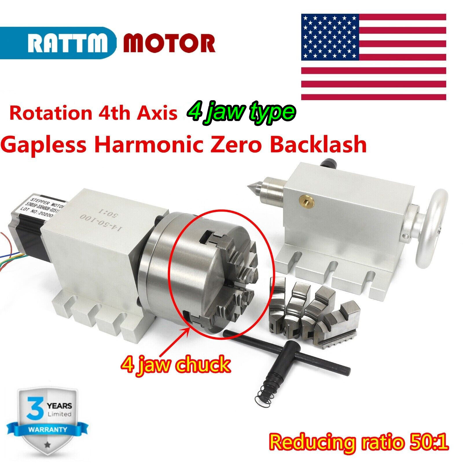 【US】 CNC Router Rotation 4th Axis 4 Jaw Chuck Harmonic Reducer 50:1 Rotary Table