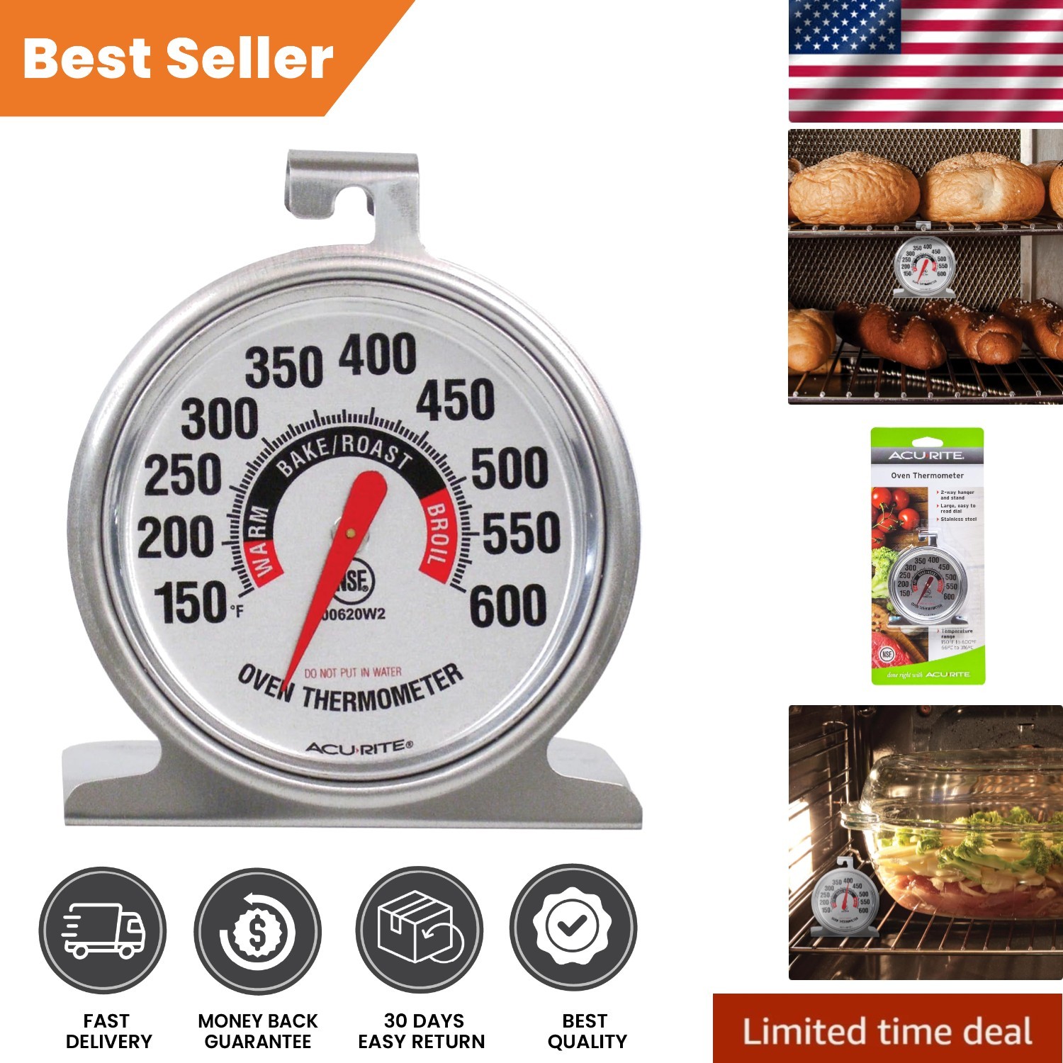 Durable Stainless Steel Oven Thermometer - Range 150°F to 600°F, Classic Design