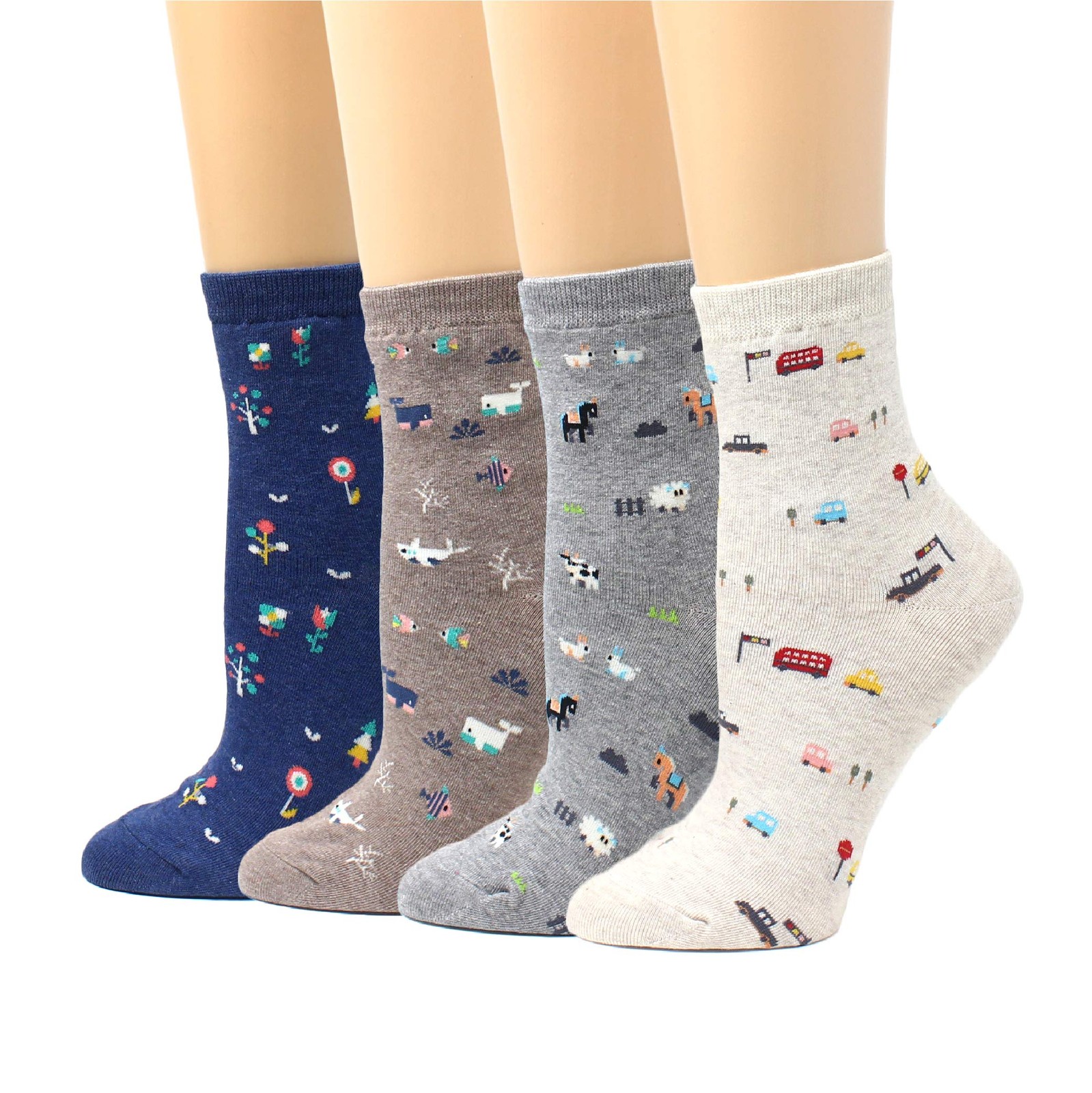 LIVEBEAR 4 Pairs Womens Cute Mini Print Funny Novelty Casual Cotton Made In K...