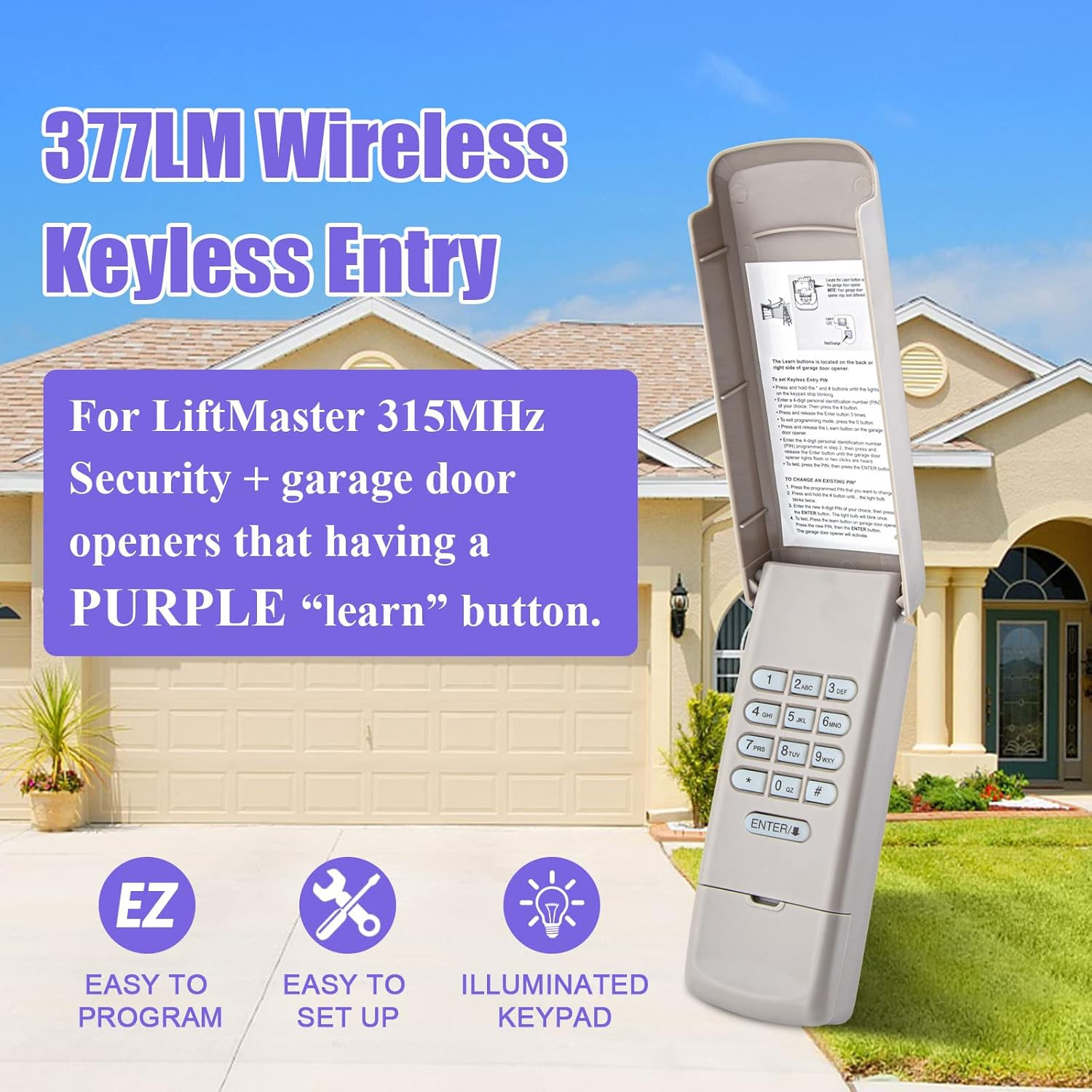 For Liftmaster 377LM Wireless Keypad/Keyless Entry Compatible with Purple Learn