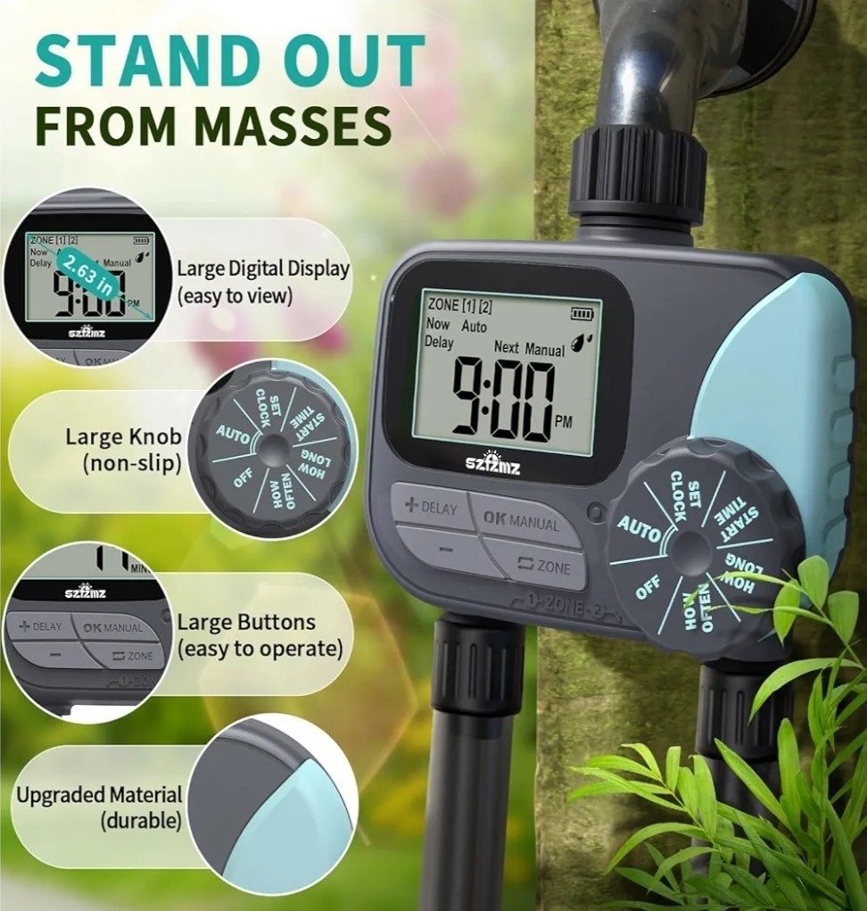 2 outlet Sprinkler Timer Water Timer, Programmable with rain delay Manual/Auto