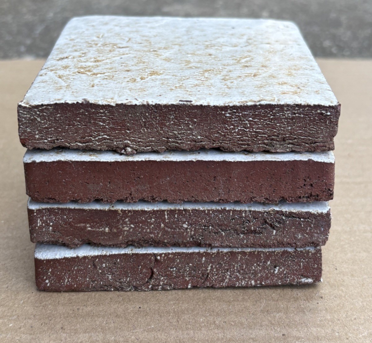 4 Vintage Hand Made Mottled Glazed Field Tile THICK 3 7/8"sq Set of 4 NOS #A