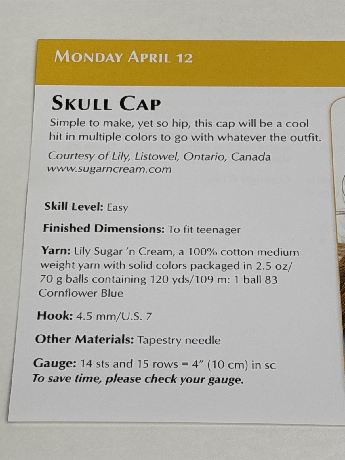 Skull Cap Crochet Pattern Card Page