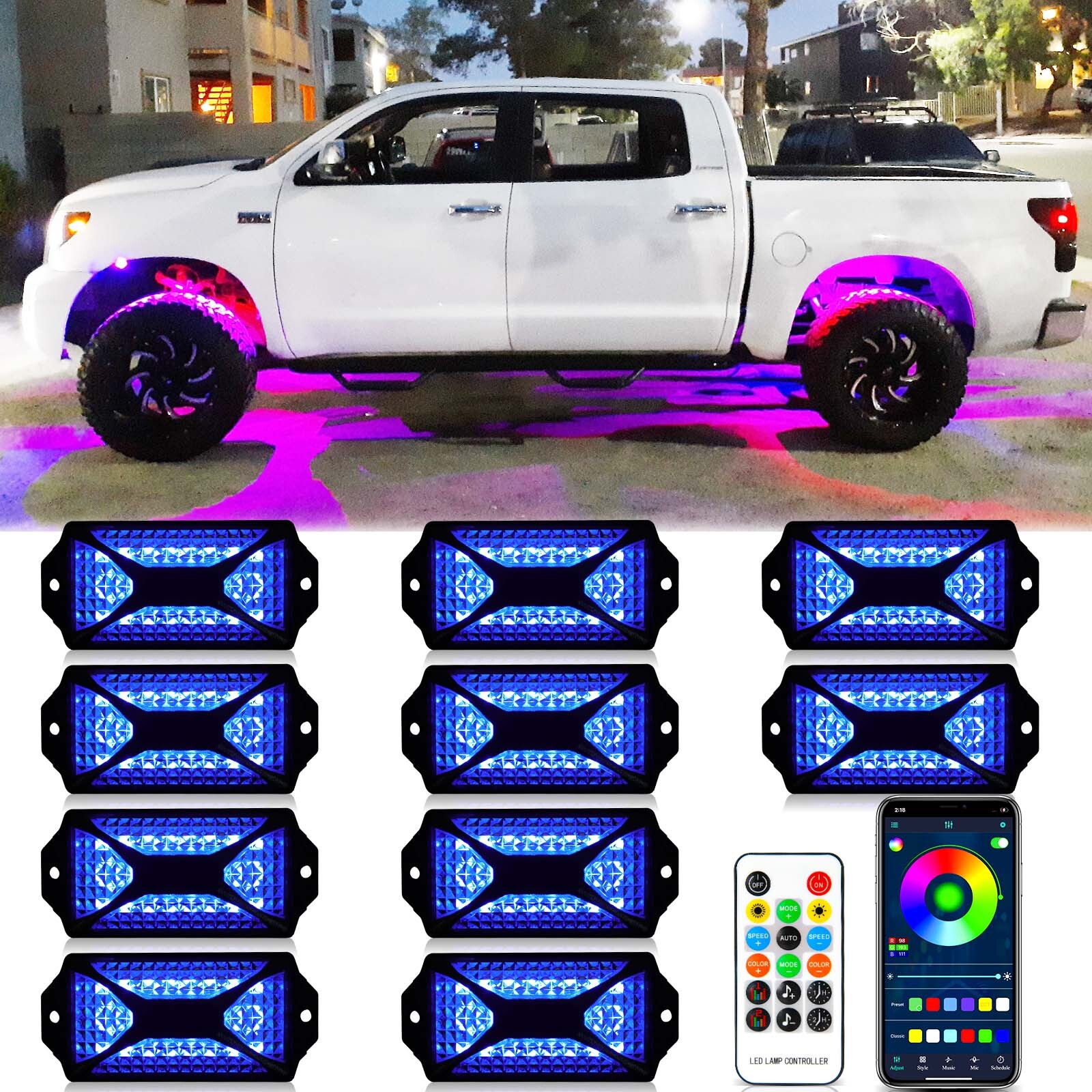 10 Pods RGB LED Rock Light Underbody Underglow Neon Lamp Kit For Toyota Tundra