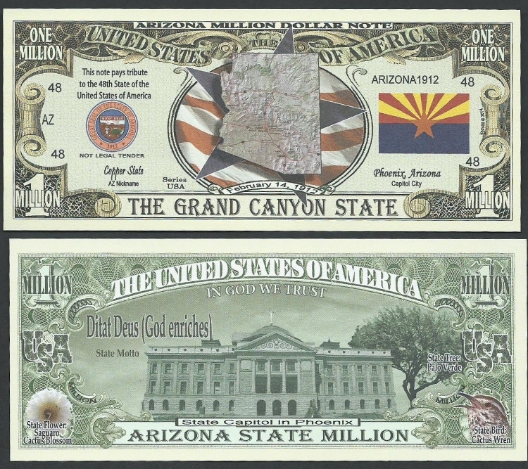 Lot of 100 Bills - ARIZONA STATE MILLION DOLLAR BILL w MAP, SEAL, FLAG, CAPITOL