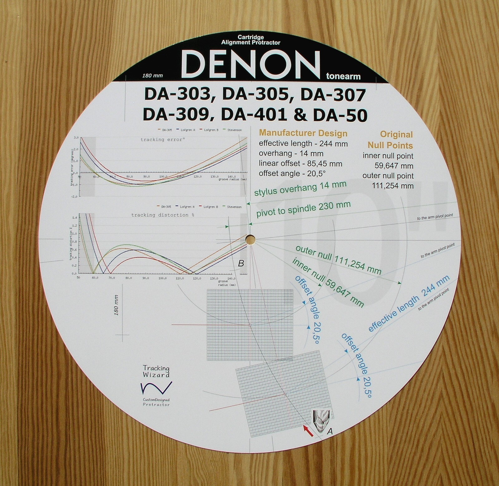 Denon DA-50/303/305/307/309/401 Turntable Tonearm Cartridge Alignment Protractor