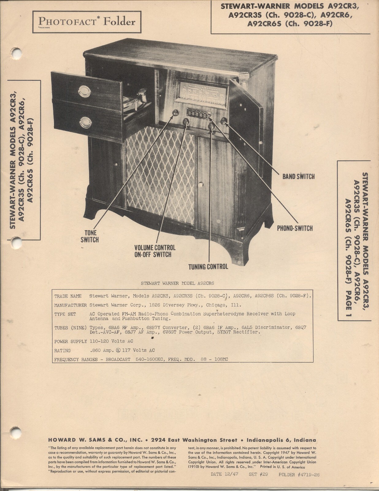 STEWART-WARNER A92CR3, A92CR3S, A92CR6, A92CR6S, Photofact 1947, 12 Pages, NOS