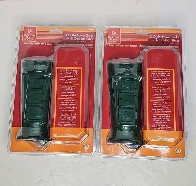 Pack Of 2, Commercial Electric 3 Outlet Power Stakes with Outdoor Timer NEW