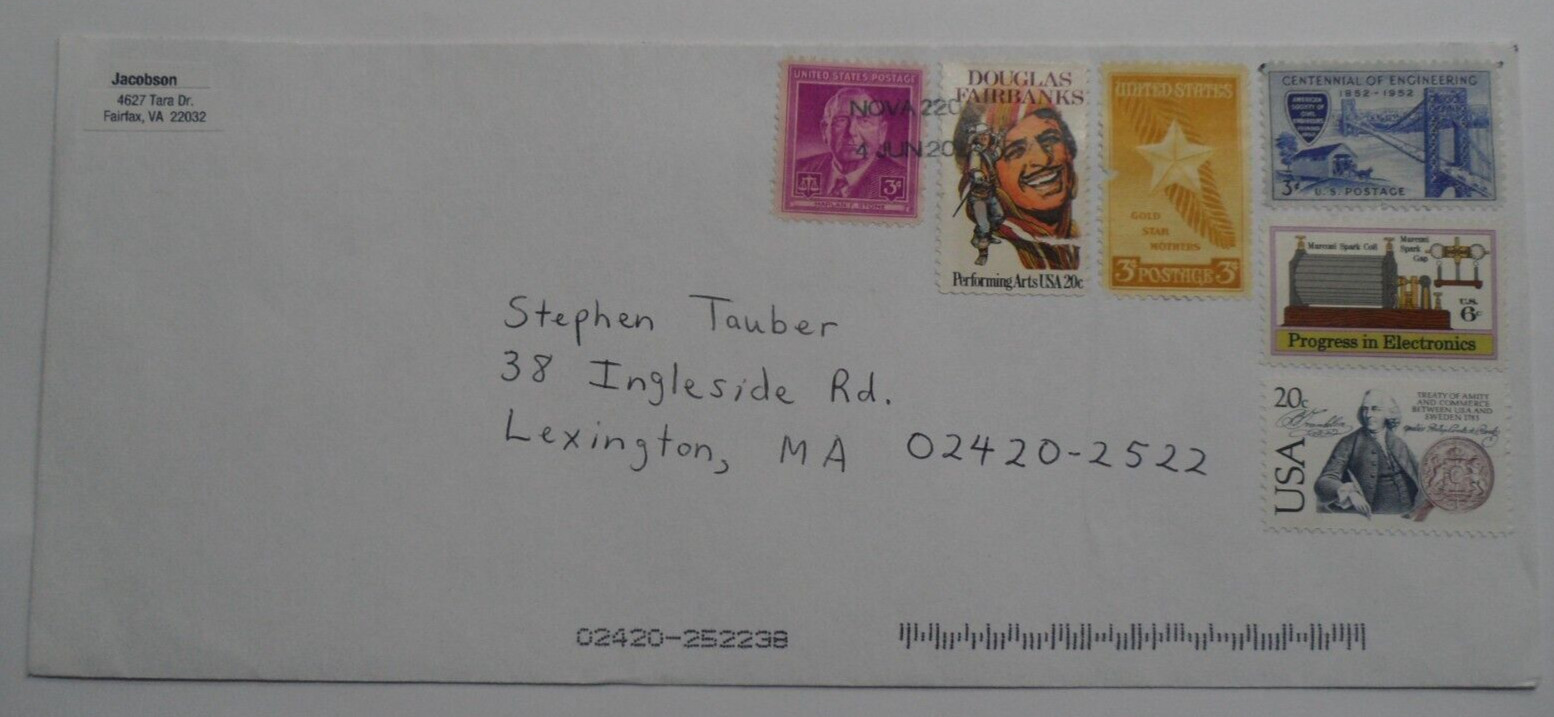 STAMPMART : USA FAIRFAX VA NOVA 2020 CANCEL 6 MULTI STAMPS COVER USED TO MASS