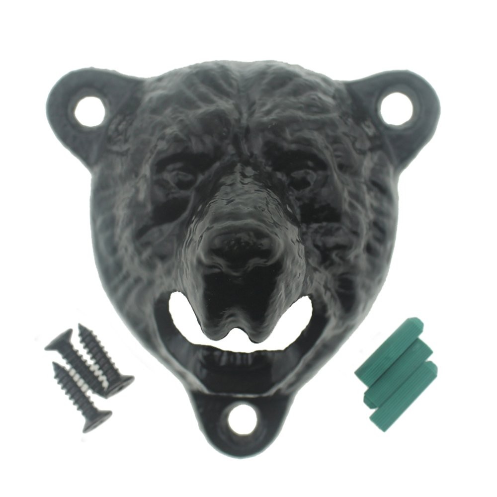 Black Bear Head Cast Iron Beer Bottle Opener Wall Mounted Grizzly Teeth for M...