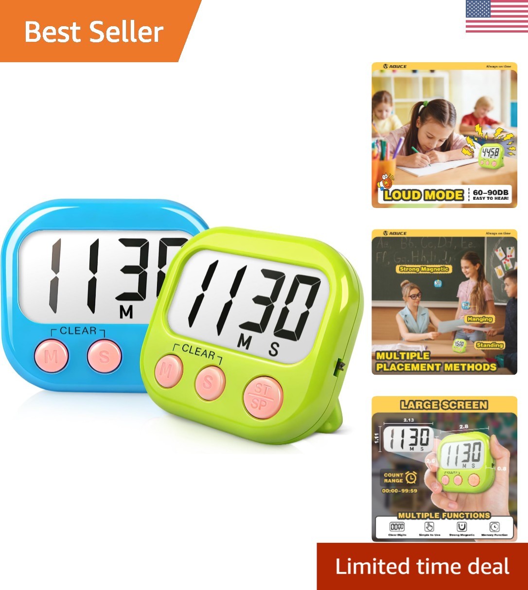 Versatile Classroom Digital Timer Set - Large Display, Magnetic Back, 99 Minutes