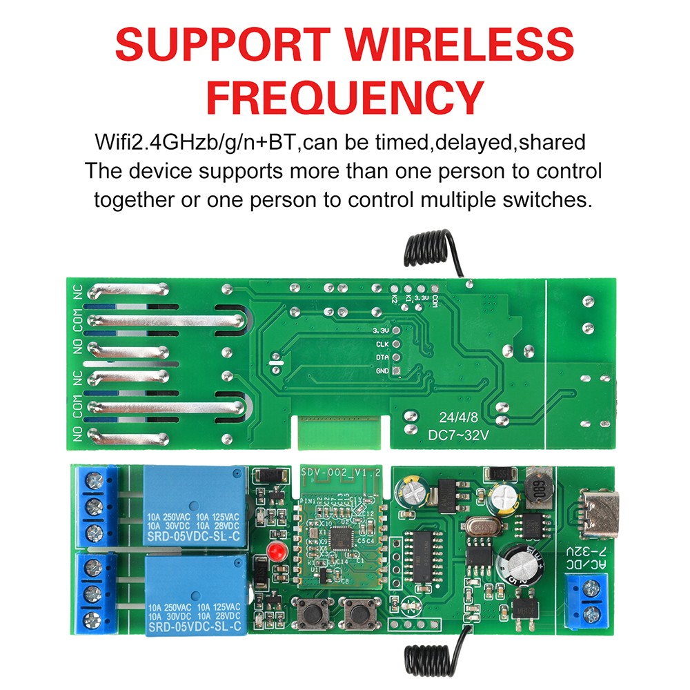 AC/DC 7-32V 2-Channel Bluetooth WIFI Relay Switch Module Self-locking 433MHz