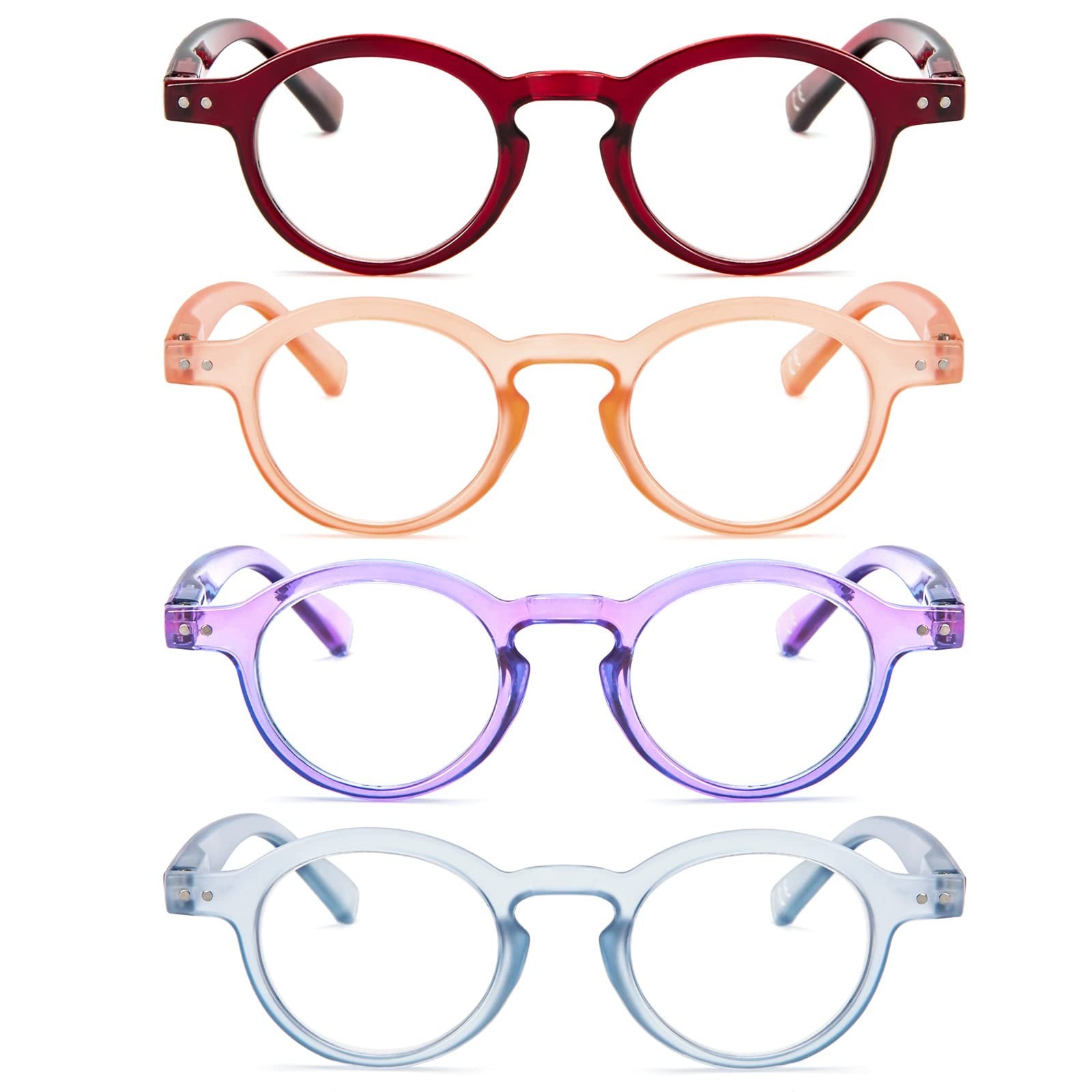 KoKoBin 4-Pack Small Round Reading Glasses Comfortable Readers Colored Stylis...
