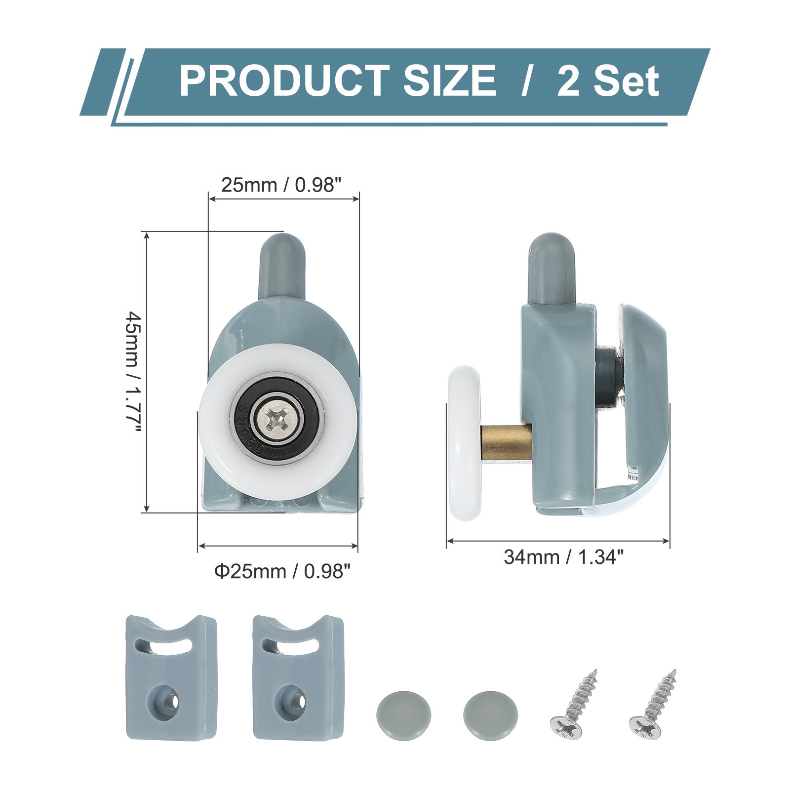 2Pcs 25mm Single Shower Door Rollers Plastic Bottom Wheels Pulleys Guide Grey