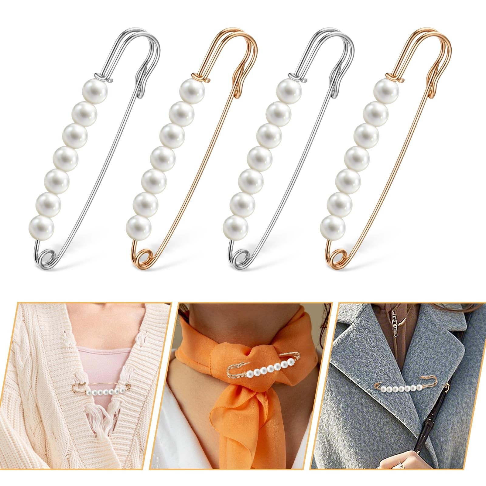 4 Pcs Decorative Pearl Safety Pins: Sweater/Shawl/Hat/Pants/Skirt Clips