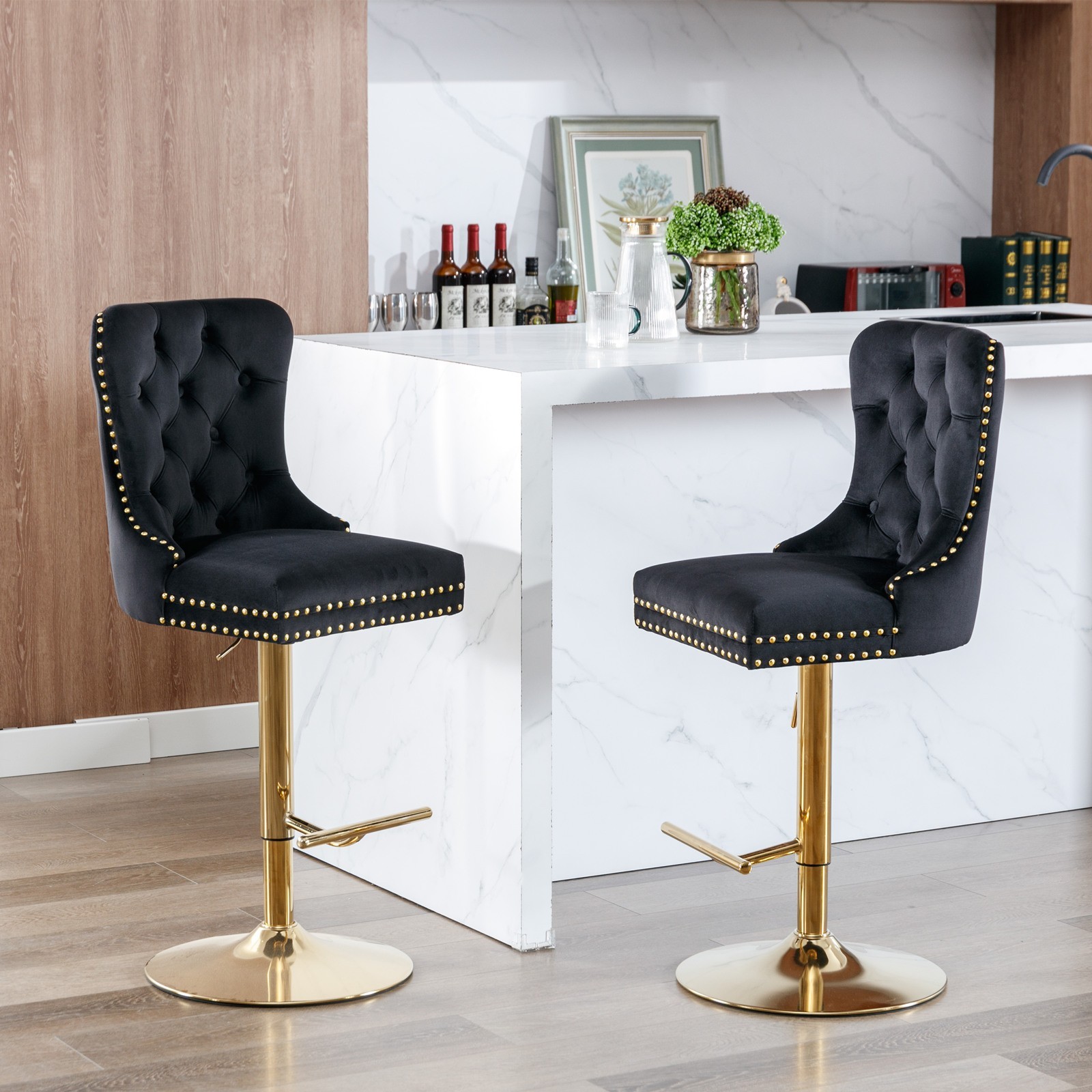 A&A Furniture Golden Swivel Velvet Barstools - Adjustable (27-35"), Tufted