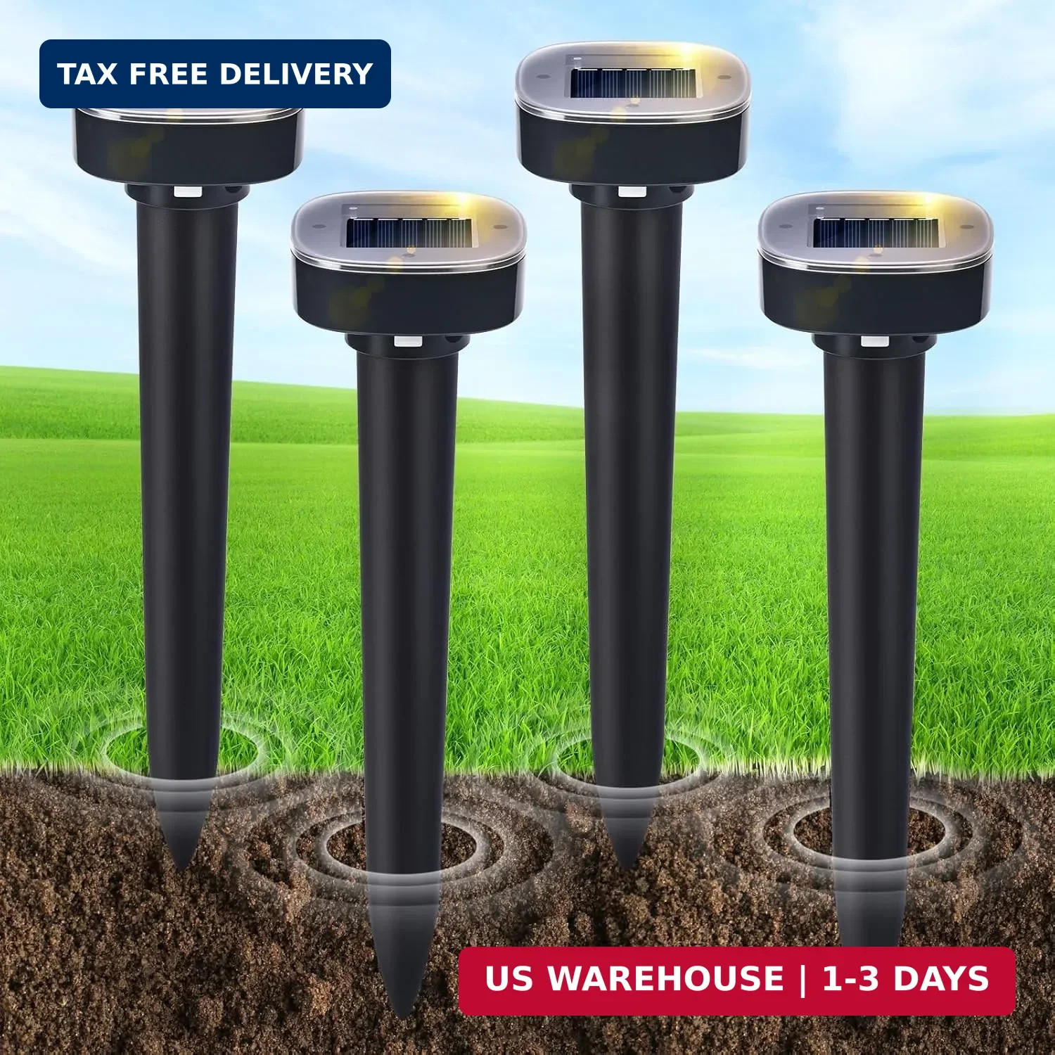 4 Pack Mole Repellent Solar Powered, Snake & Skunk & Vole & Gopher & Armadillo &