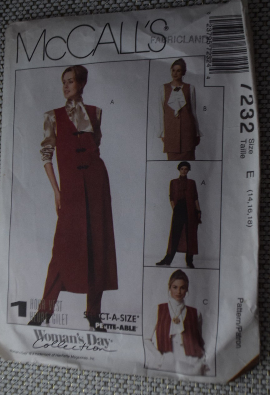 McCall's 7232Pattern Misses Unlined Vests 3 Lengths Sz 14 16 18 Uncut