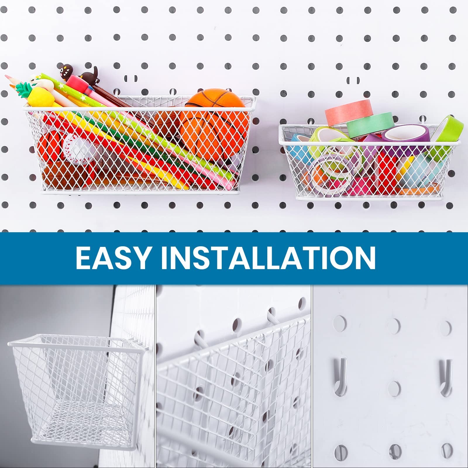 Photect Pegboard Wire Baskets Accessories Hanging Wall Organizer 3 Sizes Pegb...