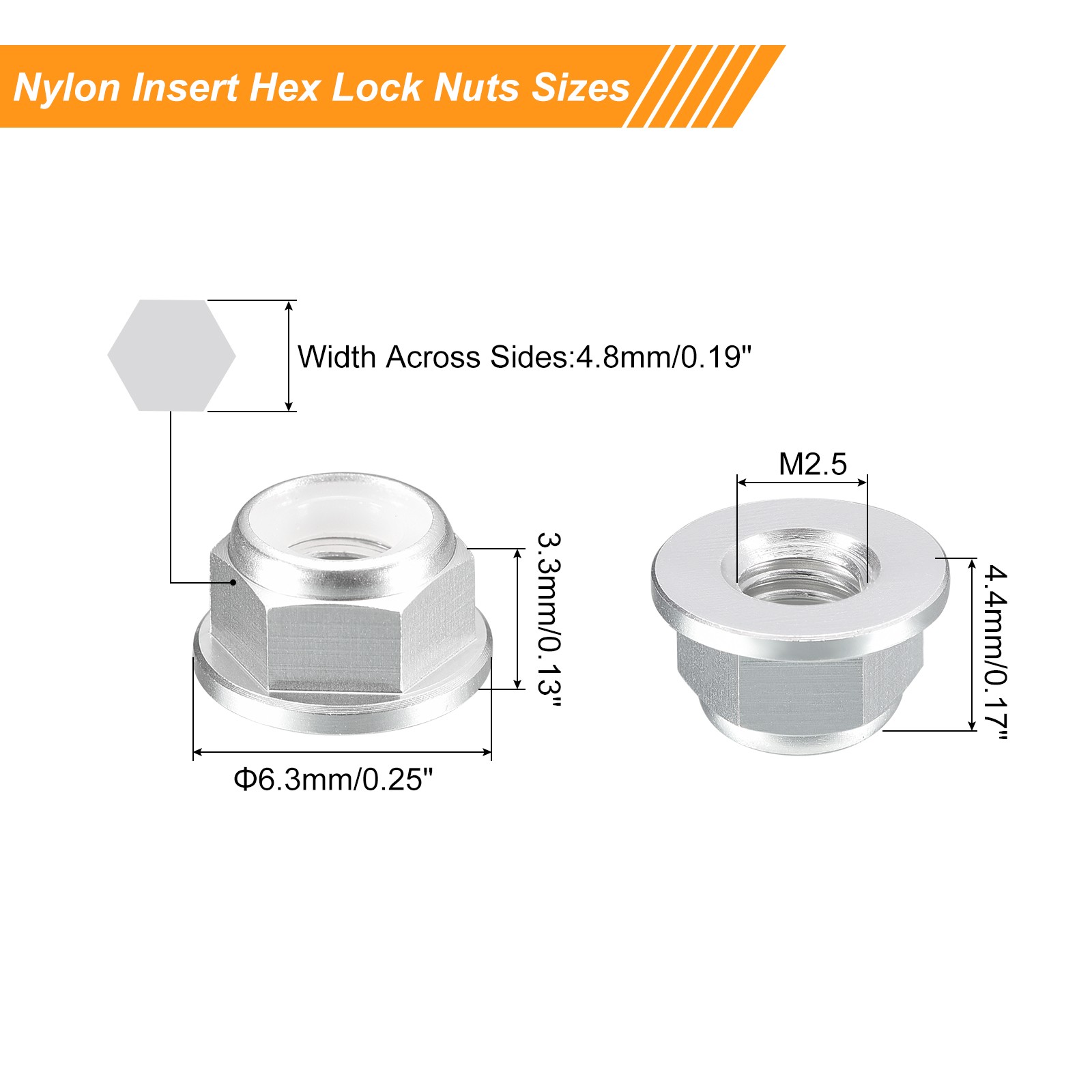 Nylon Insert Hex Lock Nuts, 20pcs - M2.5x0.45mm Self-Locking Nut(Silver)