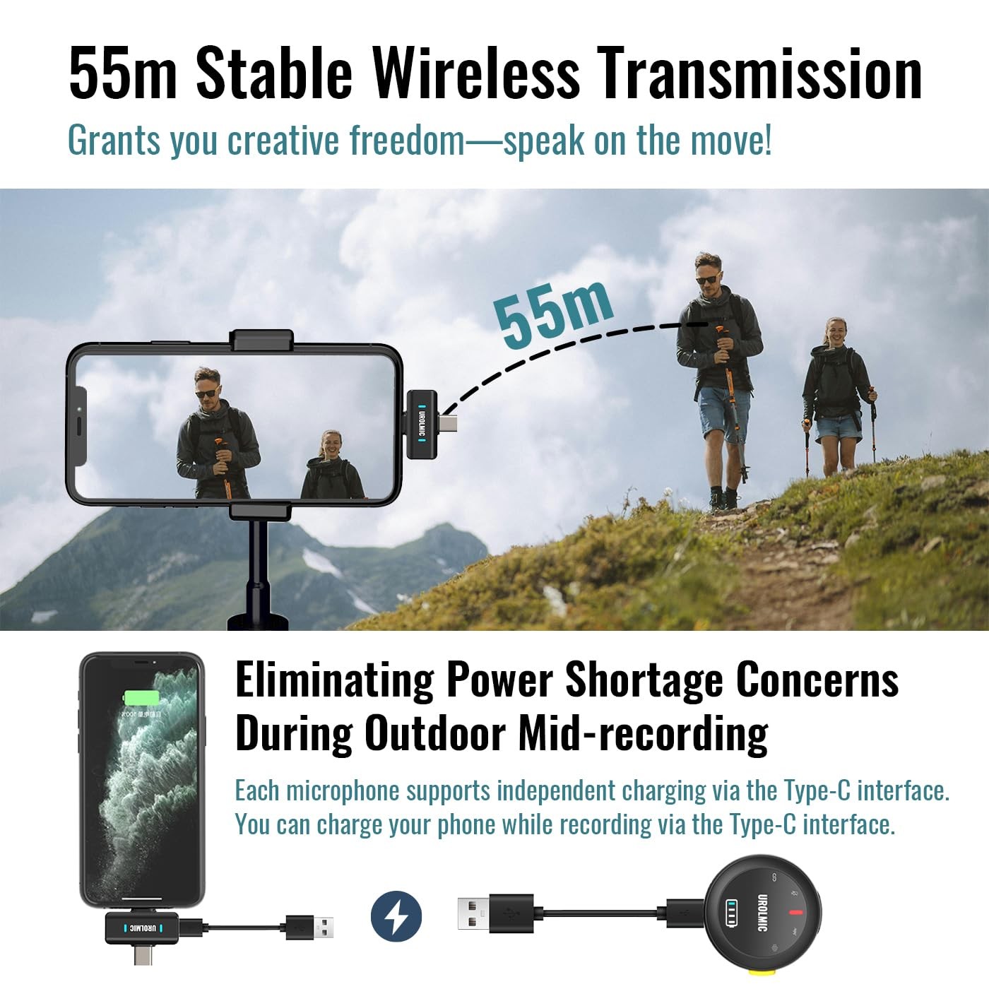 Wireless Lavalier Microphone, 40-Hour Battery, 55m Range, Magnetic Clip