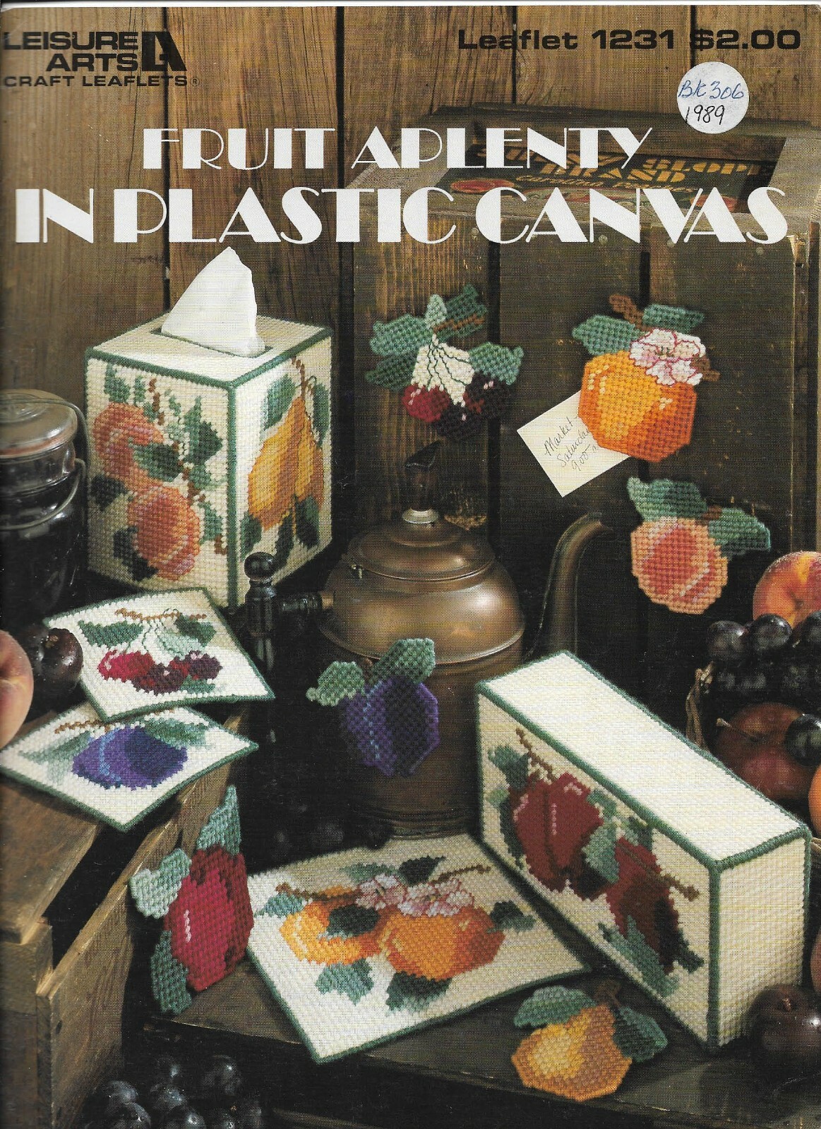 USED FRUIT APLENTY COASTERS TISSUE COVER PLASTIC CANVAS PATTERN LEAFLET