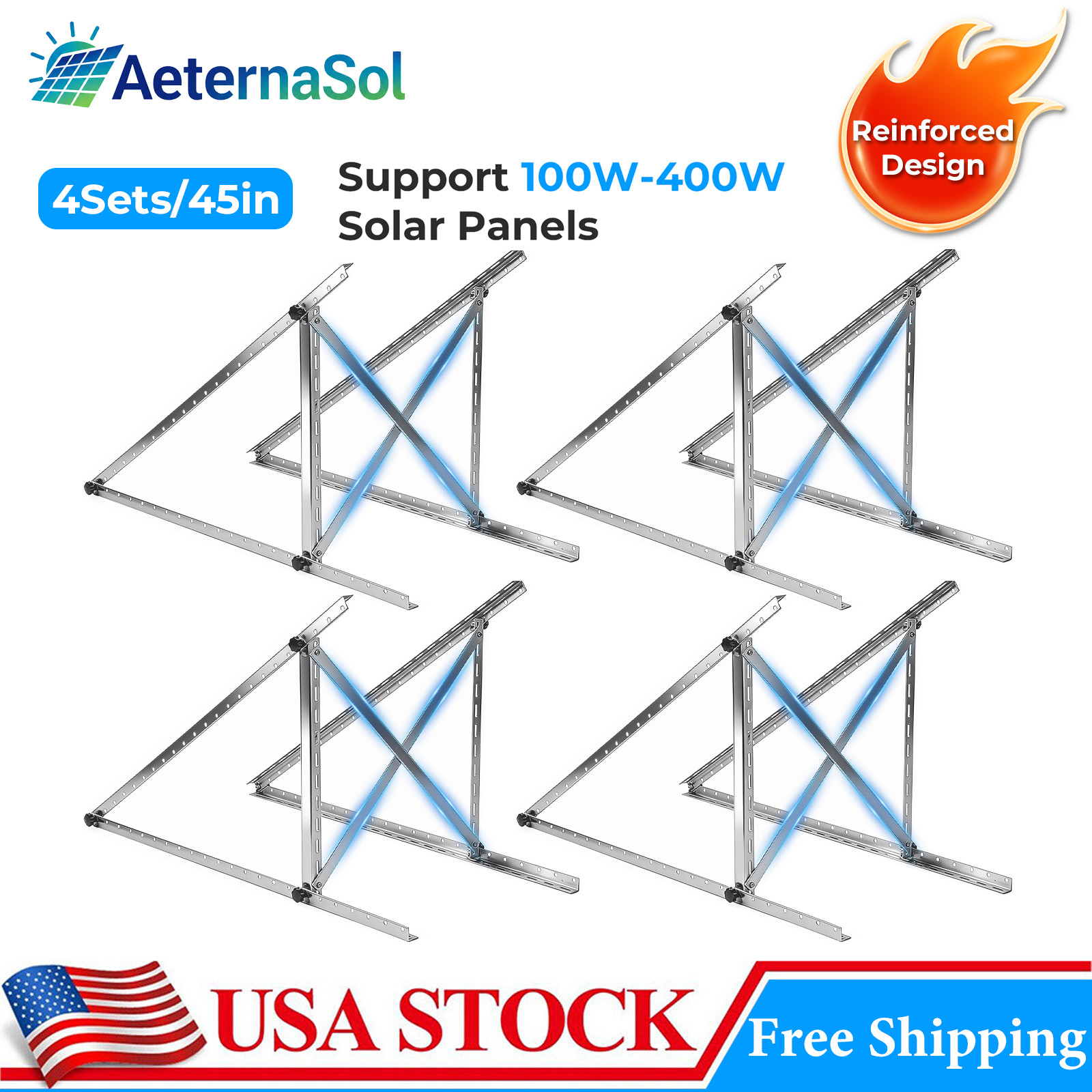 AeternaSol 4 Sets 45in Solar Panel RV Tilt Mount Brackets Adjustable Roof Frame