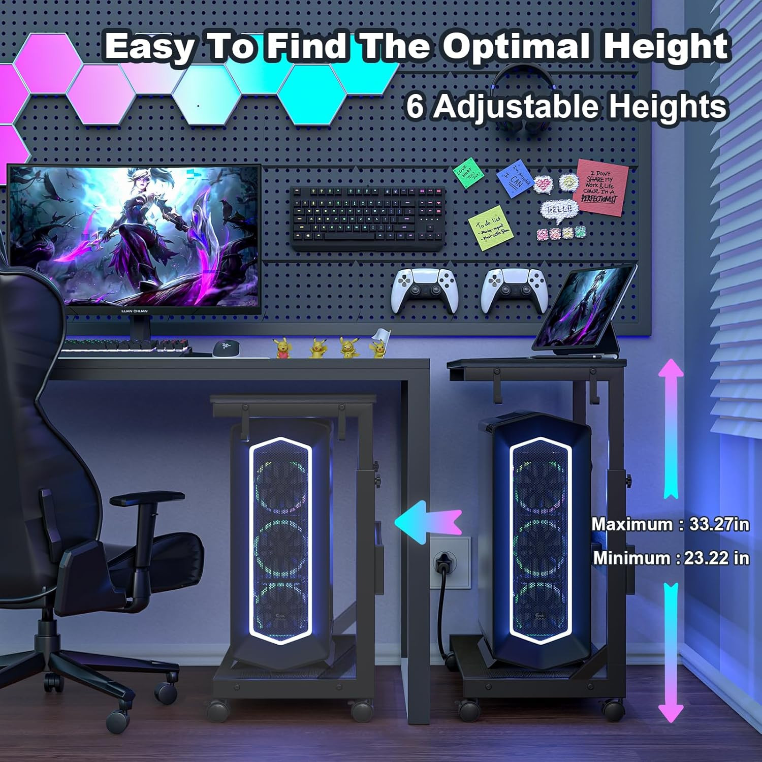 Height Adjustable PC Tower Stand with USB Charging & Locking Wheels