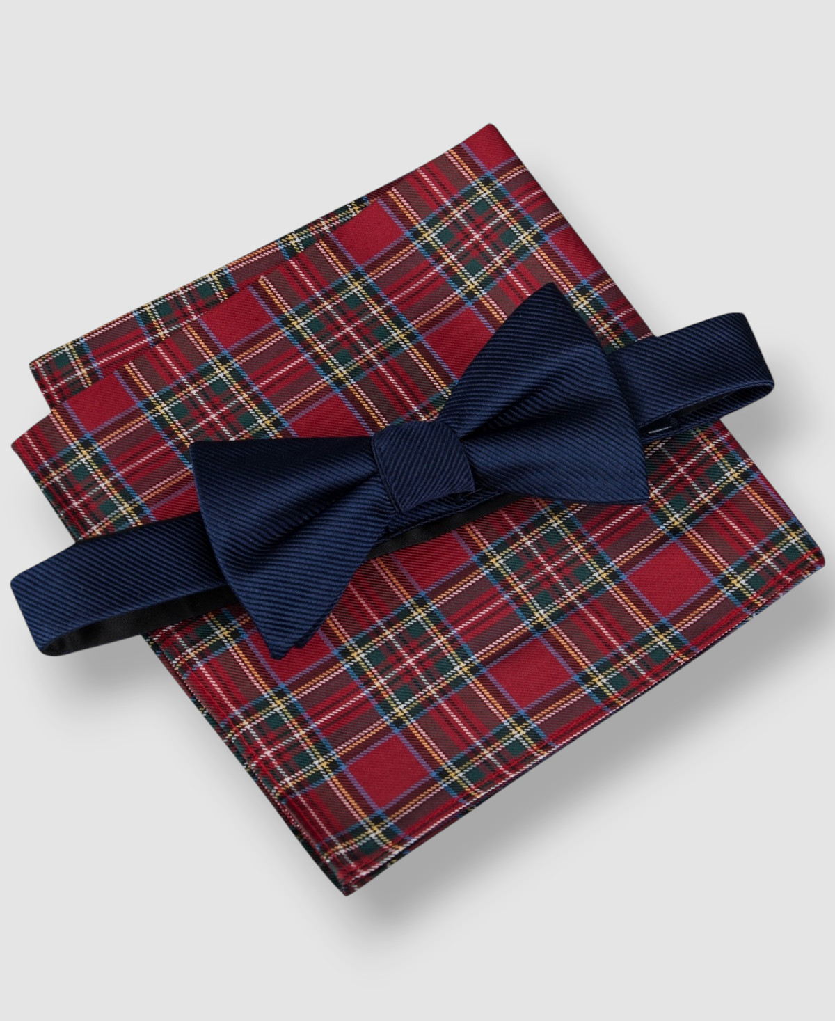 Tommy Hilfiger Mens Blue Plaid Bow Tie & Solid Pocket Square 2pc Set